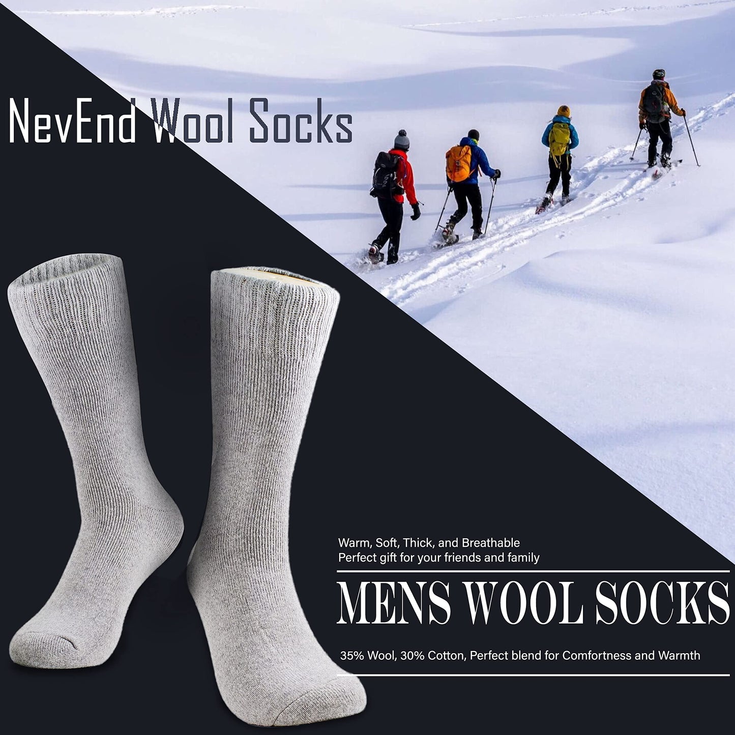 NevEND 6 Pairs Men Wool Merino Winter Thermal Boot Insulated Hiking Heated Socks For Heavy Duty Cold Weather Outdoor Size 10-13