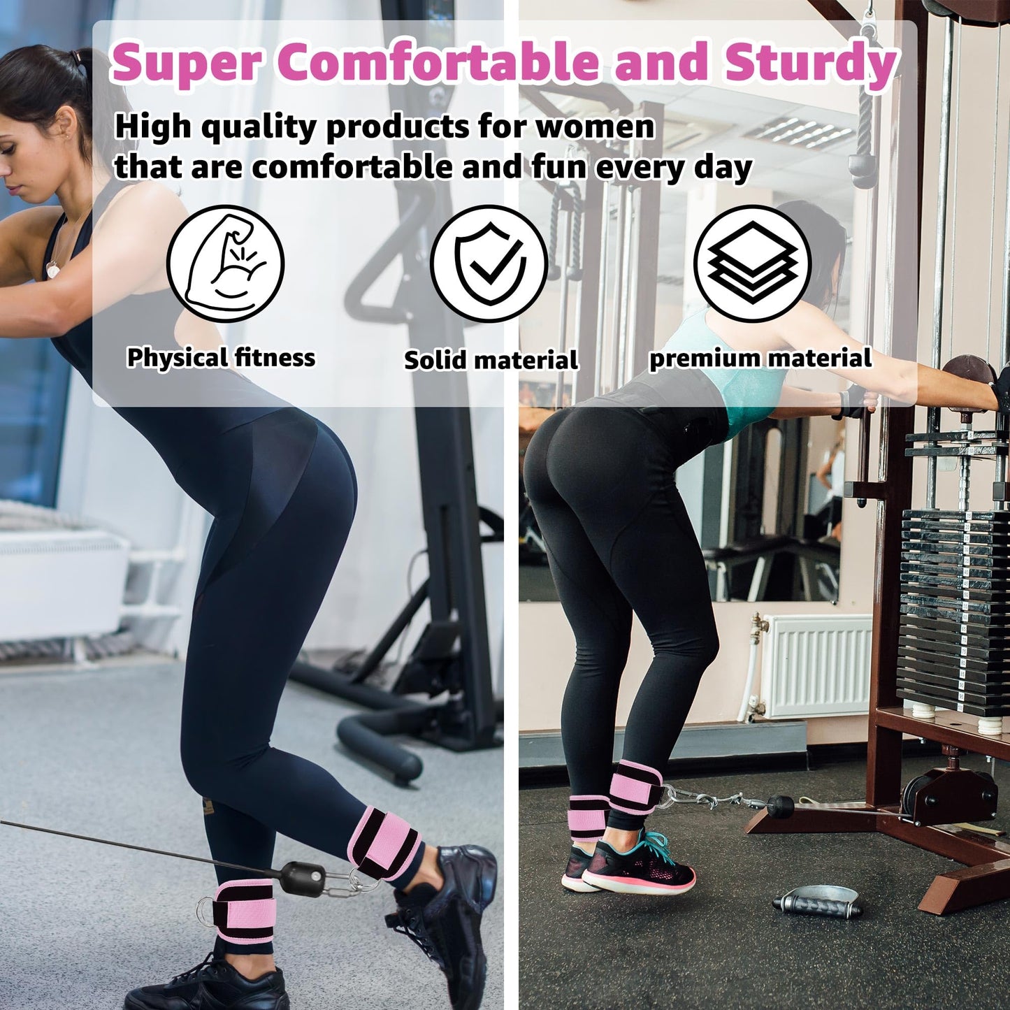 Anemeeoke Fitness Ankle Straps for Cable Machine, Kickbacks Glute Workouts, Lower Body Exercises, Adjustable Leg Straps with Neoprene Padding Men Women(Pink)