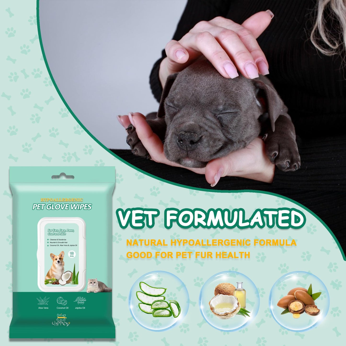CHPPEY Pet Cleaning and Deodorizing Bathing Grooming Glove Wipes for Dogs and Cats, Extra Thick Nourish Fur No-Rinse Grooming Wipes for Daily Care and Travel, Hypoallergenic, 10 pcs