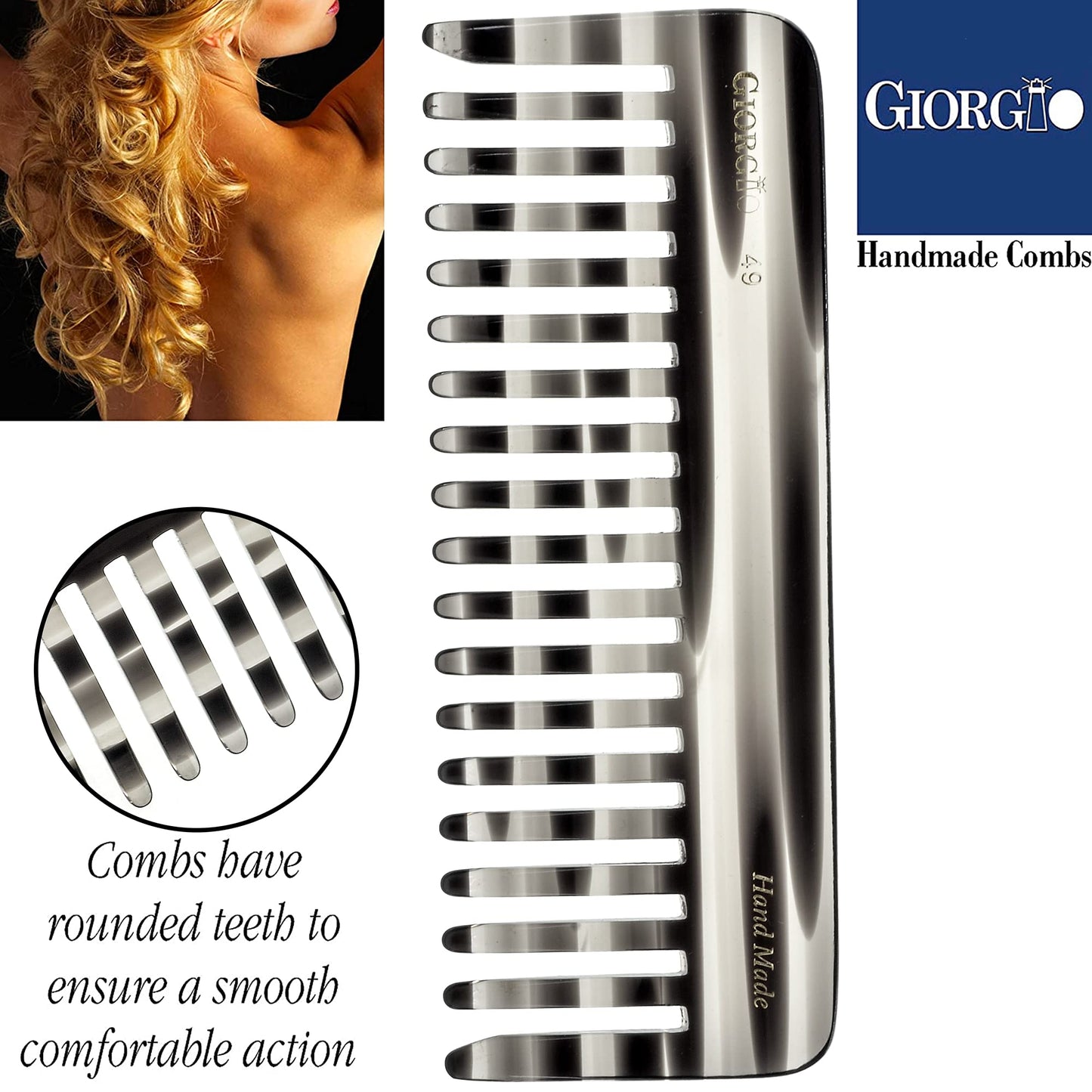 Giorgio G49 Graphite Large 5.75 Inch Hair Detangling Comb, Wide Teeth for Thick Curly Wavy Hair. Long Hair Detangler Comb For Wet and Dry. Handmade of Quality Cellulose, Saw-Cut, Hand Polished