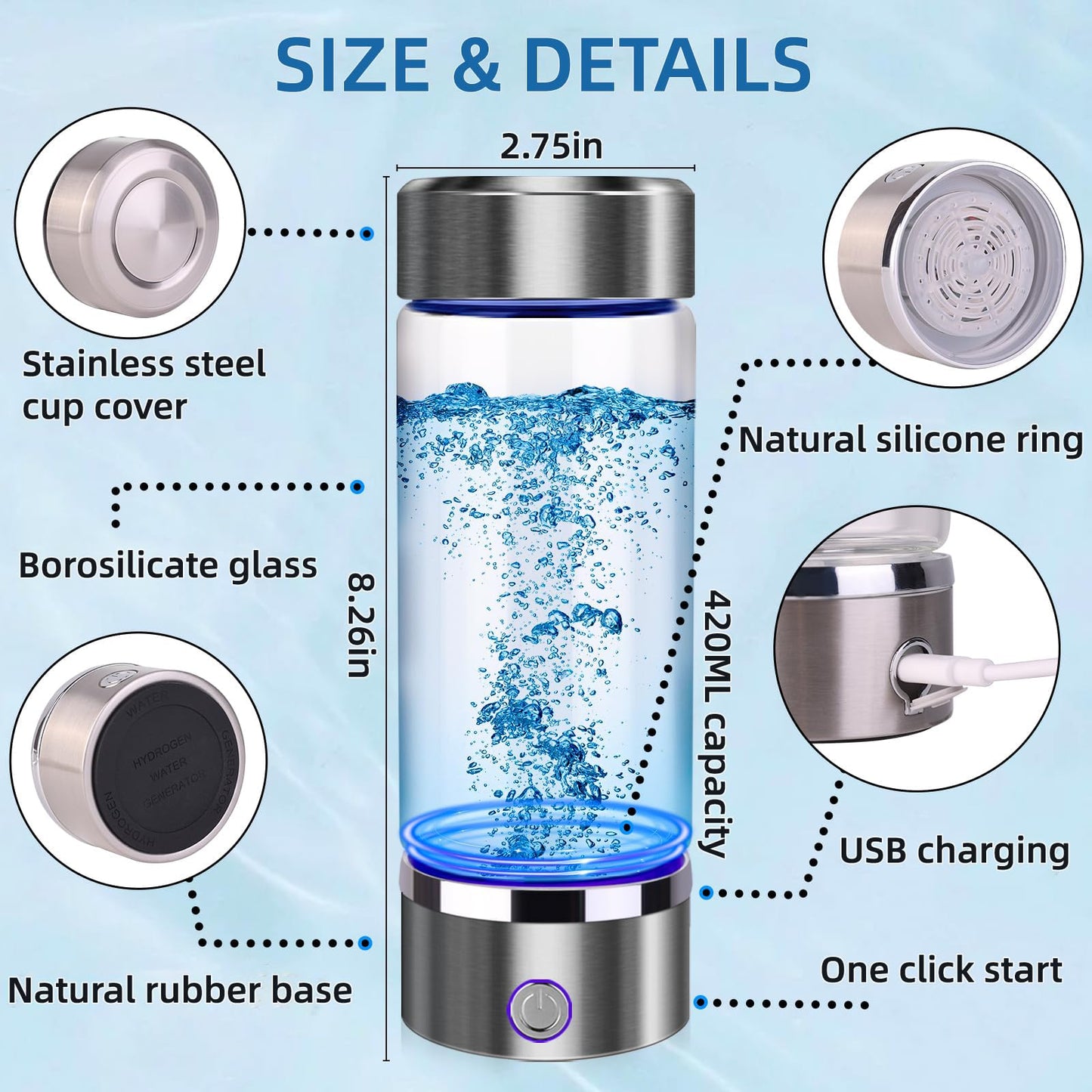 Hydrogen Water Bottle Generator 2pack, Glass Hydrogenated Water Bottles Health Cup, Hydrogen Water Generator w SPE/PEM Tech Improve Water for Home/Office/Travel/Daily Drinking Gift for Mom Father Day