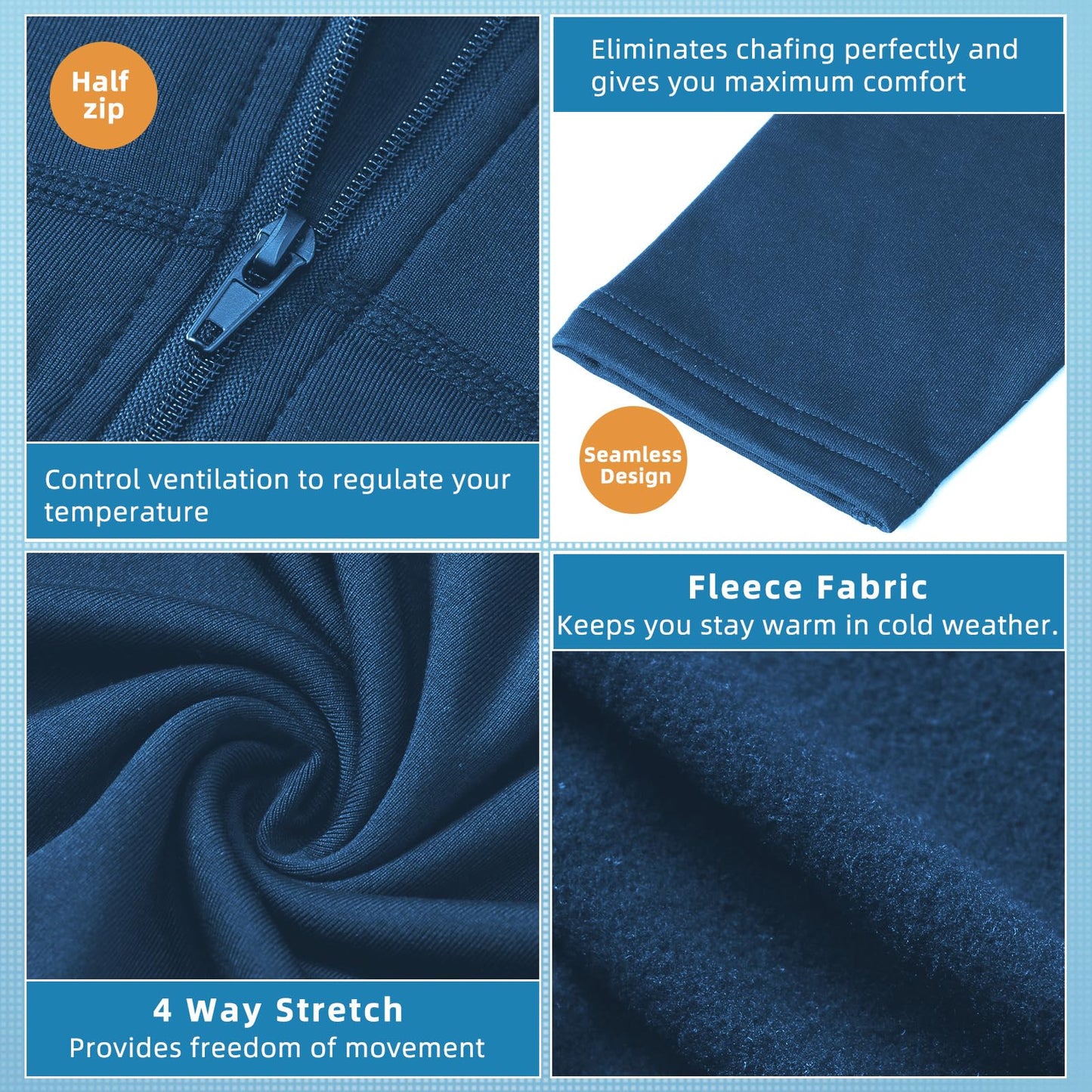 Witkey Womens Athletic Quarter Zip Long Sleeve Thermal Running Shirts UPF 50+ Sun Protection Lightweight Winter Workout Fleece Base Layer Shirts Skiing Cold Weather Navy