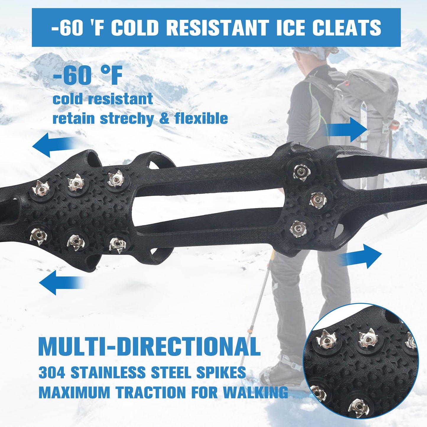 Walk Traction Ice Cleats, Anti-Skid Ice Snow Grips 9 Stainless Steel Studs Winter Crampons with Straps Over Shoe Boots for Hiking Climbing,Ice Fishing and Walking XLarge
