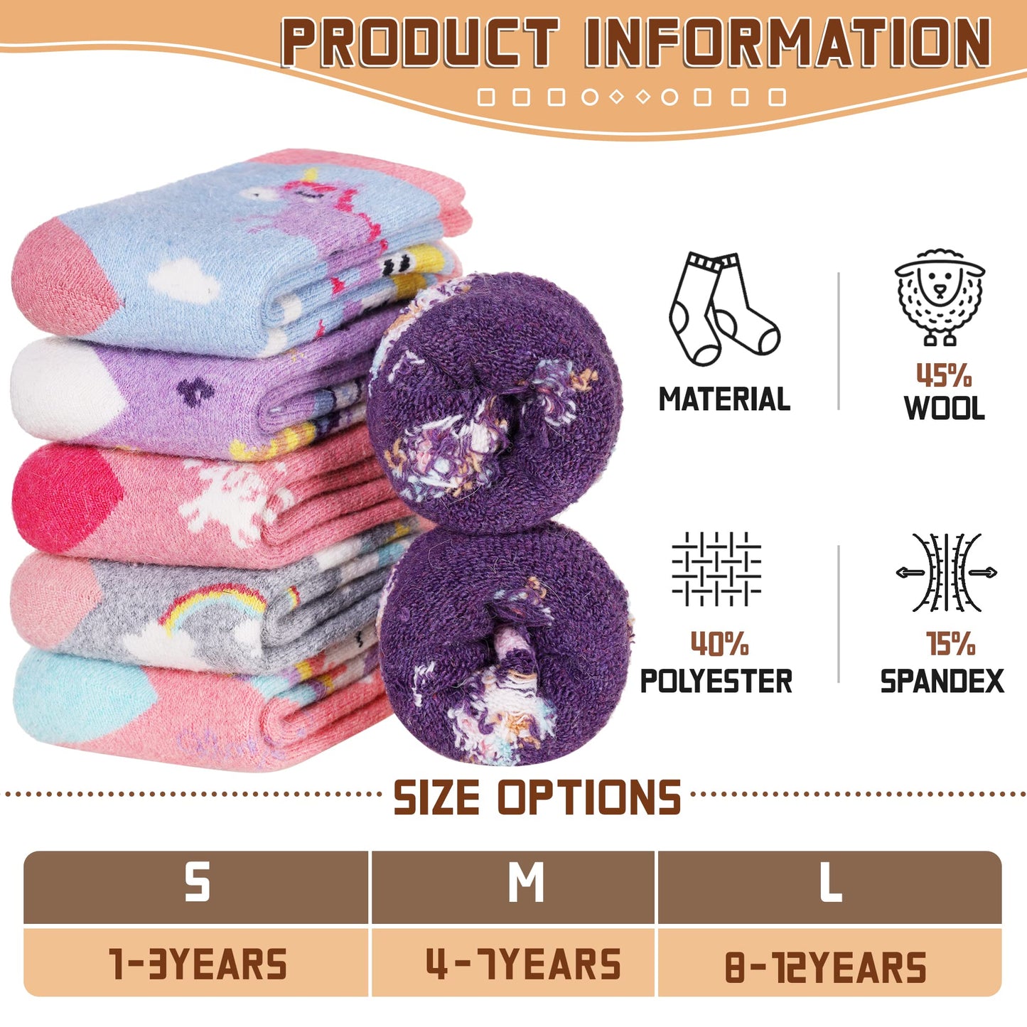Kids Merino Wool Socks Boys Girls Hiking Boot Winter Thermal Warm Cozy Soft Toddler Thick Crew Socks 6 Pairs (6 Pairs Unicorn C, 1-3 Years)