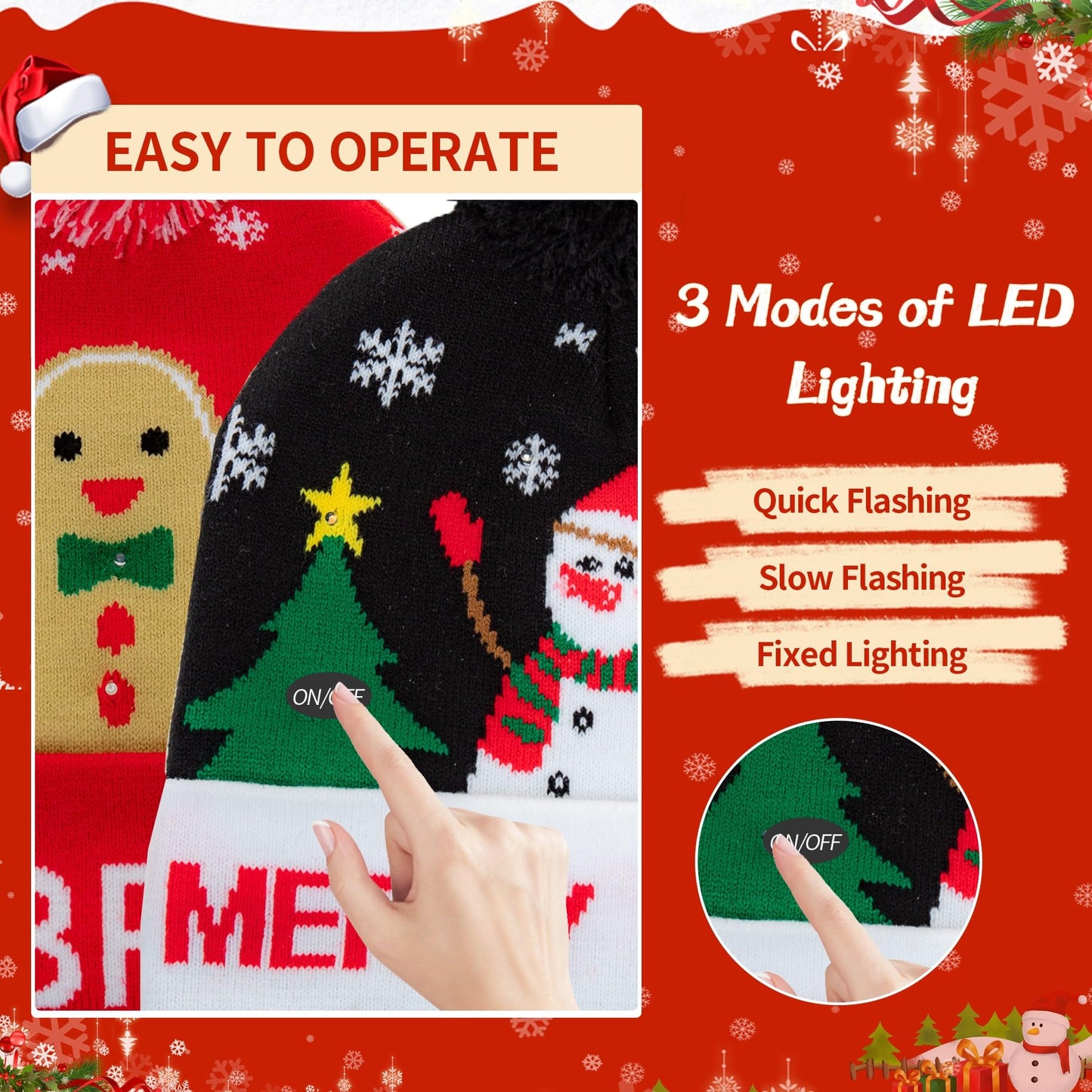 JAZGROM 4 Pack LED Light up Christmas Beanie Hats Xmas Knitted Hat Unisex Winter Hat Flashing Knit Cap Party Hat for Men Women Holiday Party Supplies (Battery Included)