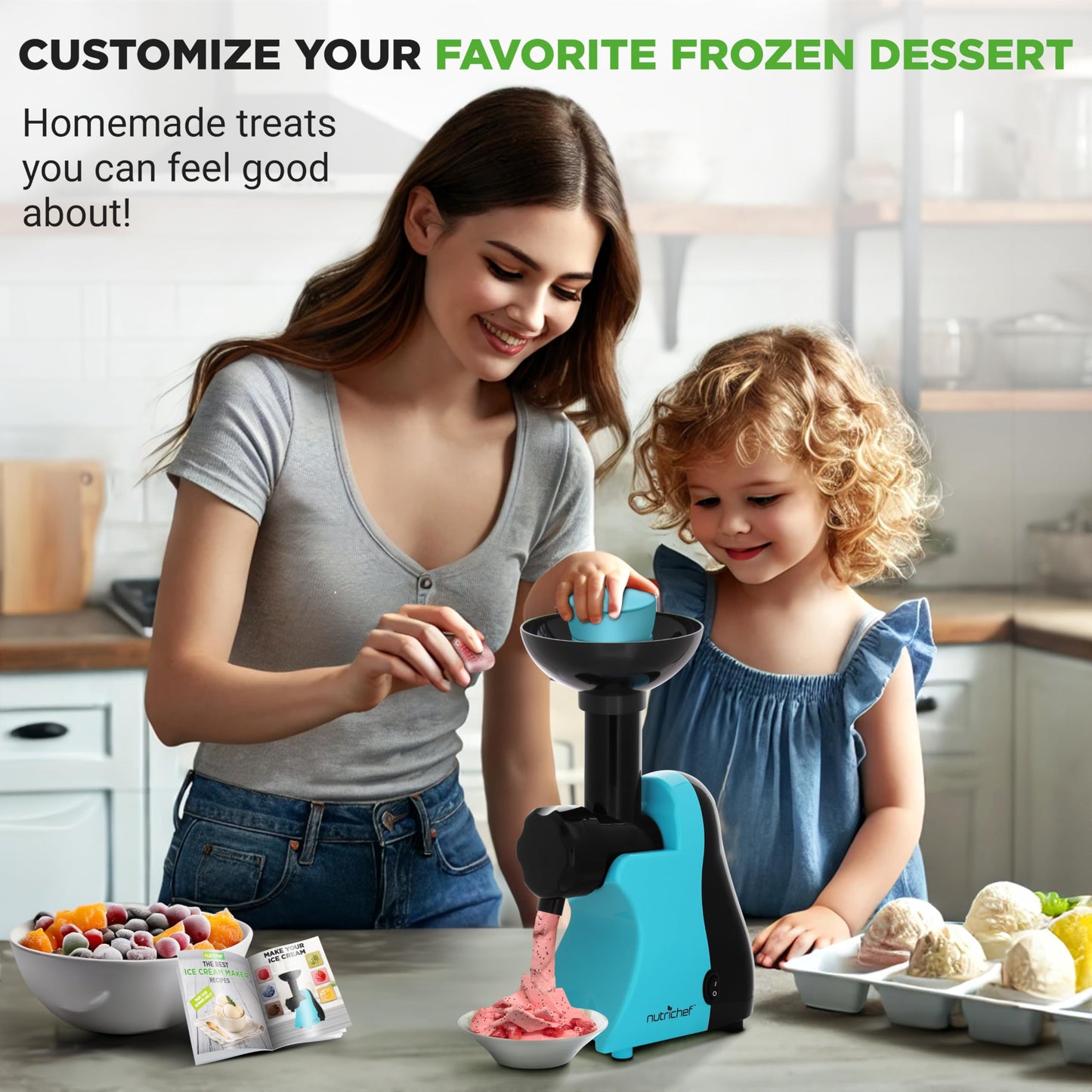 NutriChef Electric Frozen Fruit Dessert Maker - Fruit Sorbet Machine - Make Ice Cream, Dessert, Gelato, Smoothies, Slushies & Frozen Yogurt - Includes Food Plunger & Recipe Book - Blue