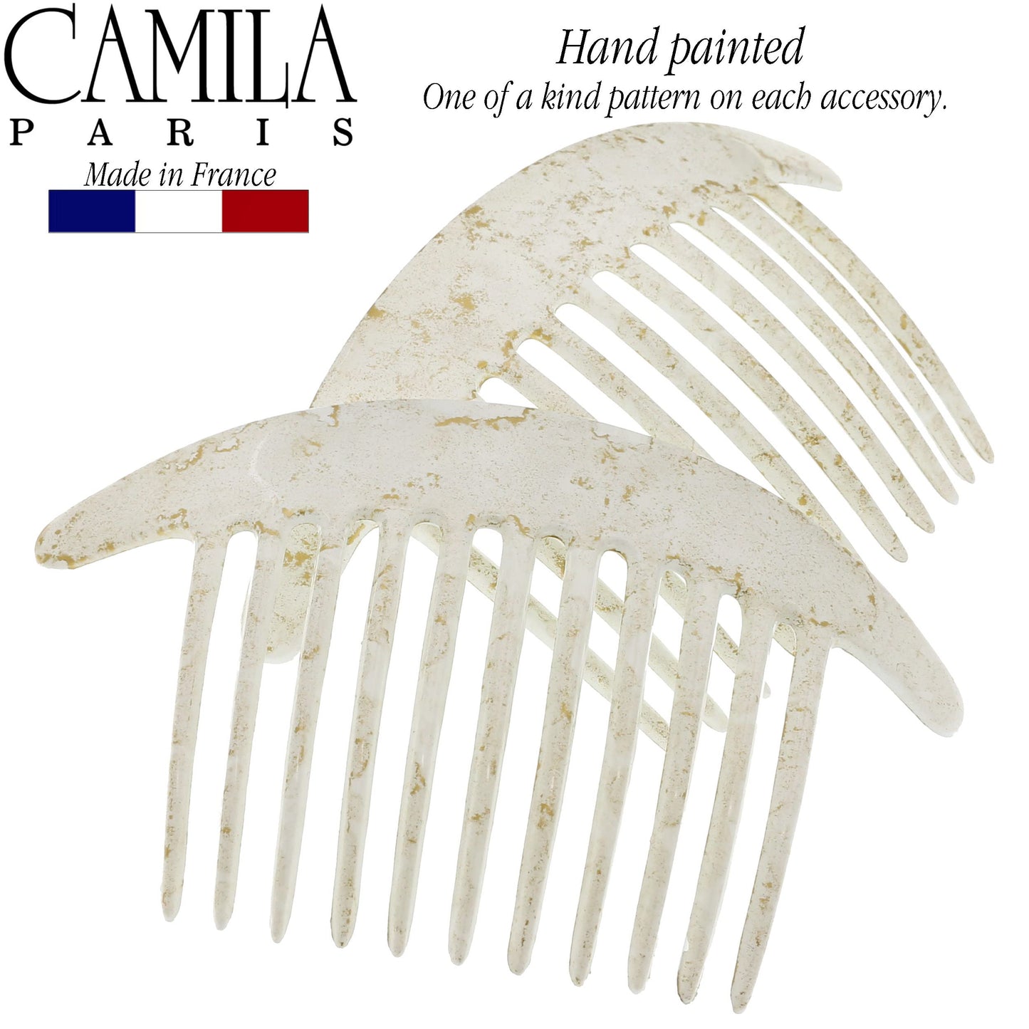 Camila Paris CP2940 French Hair Side Combs, White Pearl Interlocking Combs French Twist Hair Combs, Strong Hold Hair Clips for Women Bun Chignon Up-Do, Styling Girls Hair Accessories, Made in France