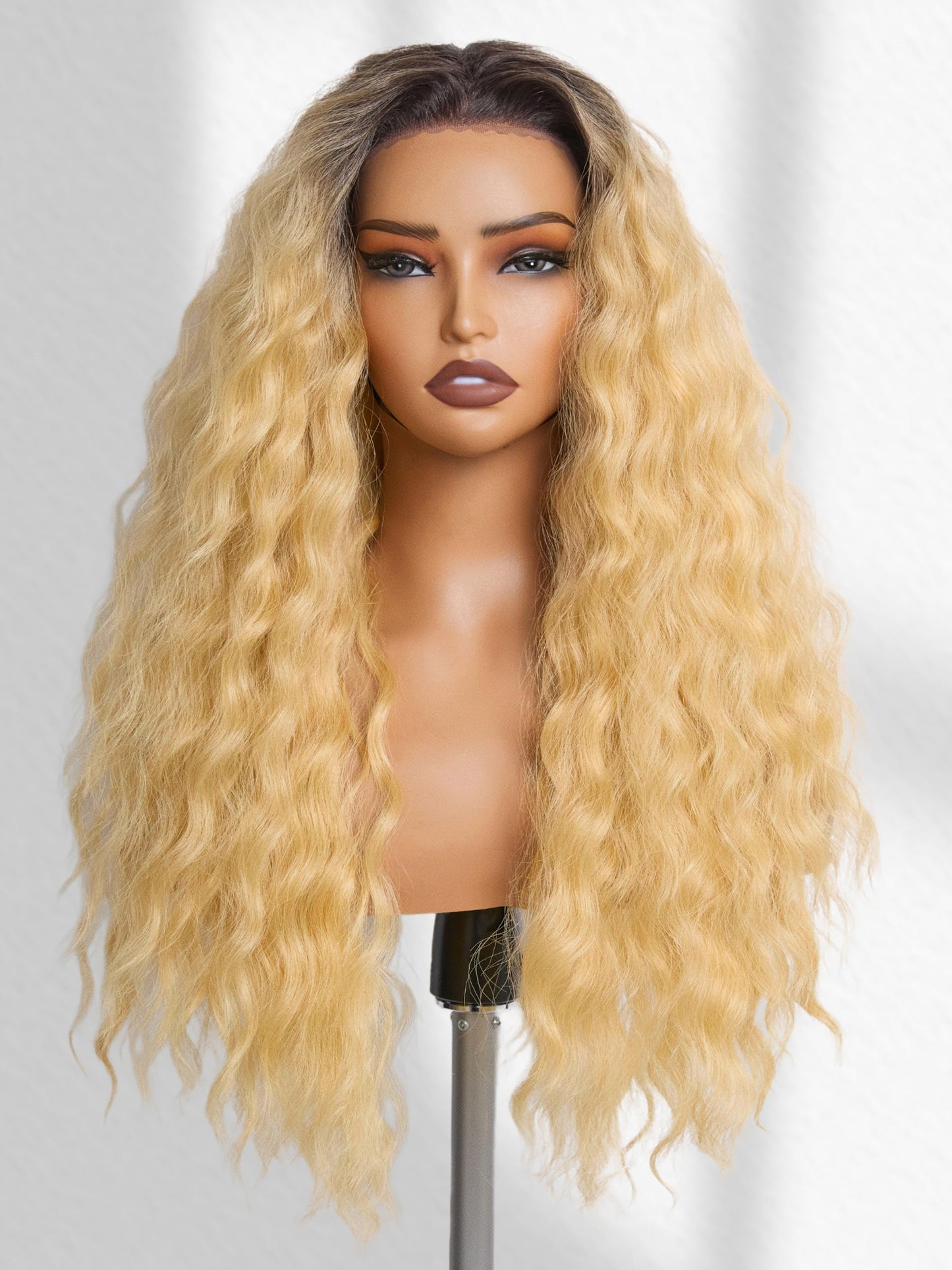 GORGIUS Ombre Blonde Lace Front Wigs Glueless Ocean Wave Long Wig Upgraded with Premium Synthetic Fiber Pre Cut Pre Plucked Natural Hairline