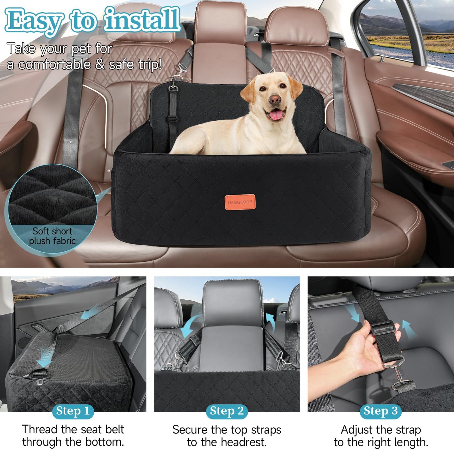 HEGGCOOE Dog Car Seat for Medium/Large Dogs, Pet Booster Seat for Under 55 lbs or 2 Small Dogs, Detachable & Washable Dog Car Bed for Backseat with 2 Safety Leashes(Black)
