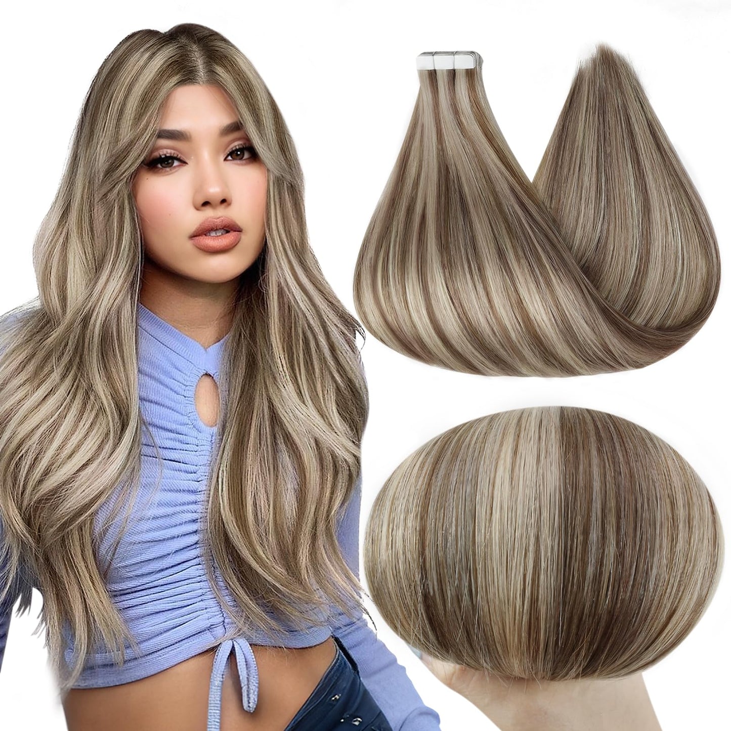 Full Shine Tape in Real Human Hair Extensions Color 8 Light Brown Highlight with 60 Blonde 30 Gram Remy Tape in Hair Extensions 20 Pcs Hair Extensions 12 Inch Invisible Straight Tape Hair for Wedding