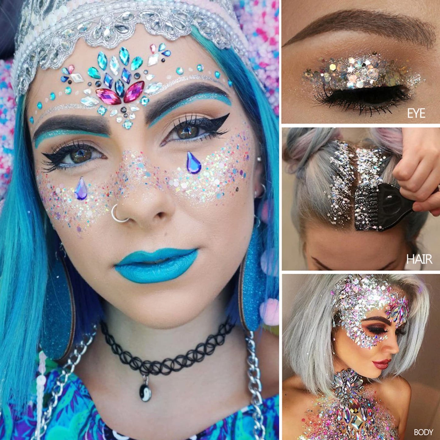 MEICOLY Gold Body Glitter,Yellow Face Glitter,Music Festival Accessories Outfits for Women,Mermaid Sequins Hair Glitter Makeup,Sparkle Face Body Glitter for Country Concert,Mardi Gras Accessories