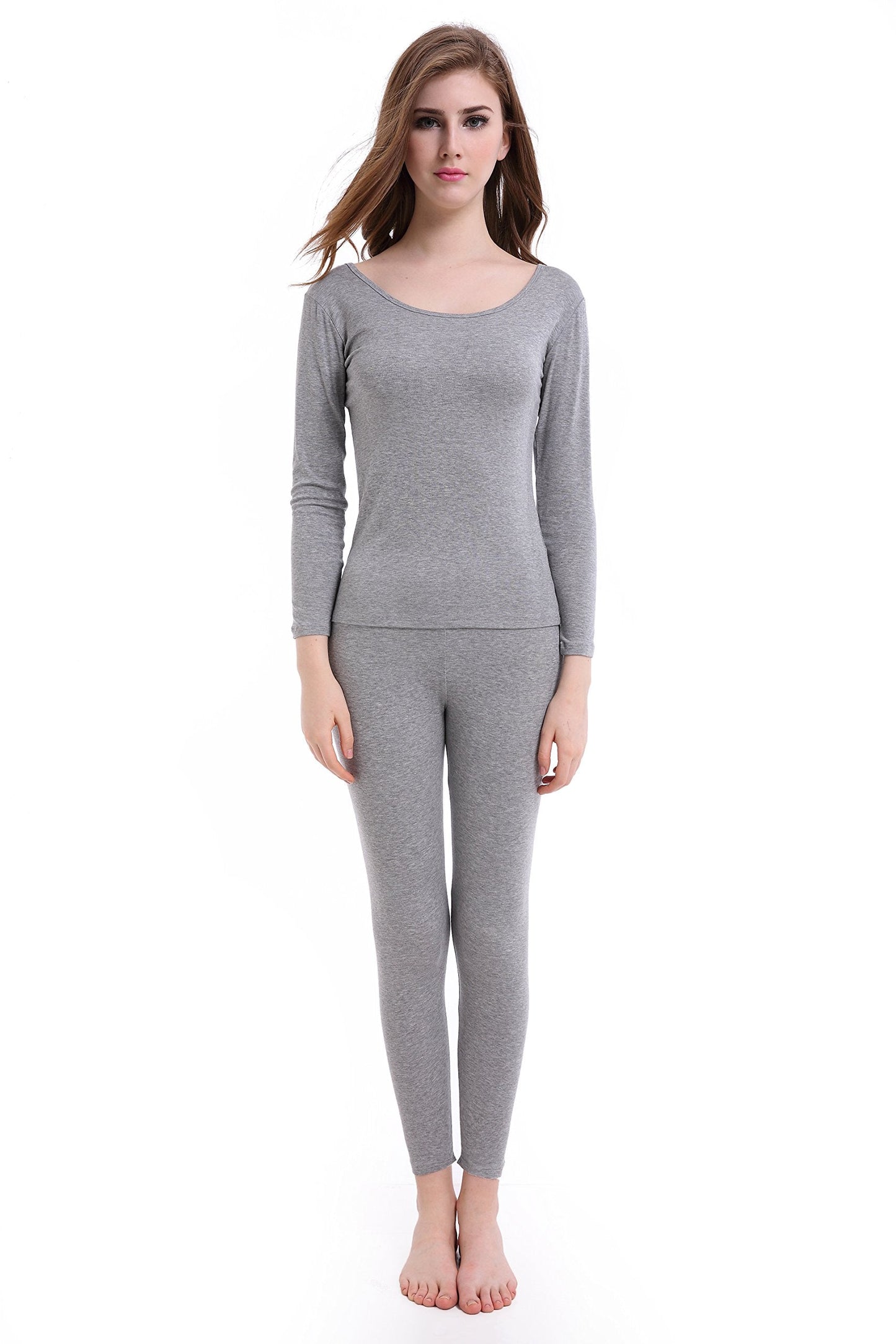 Winter Ultra Thin Long Johns Crew Neck Base Layer Thermal Underwear for Women Light Gray