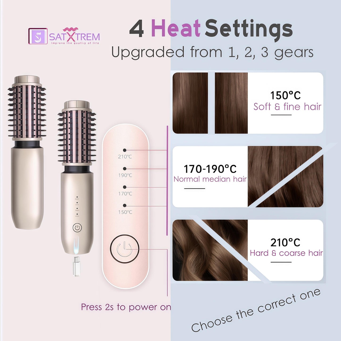 Satxtrem 2-in-1 Cordless Curling Iron & Straightener Brush,Heated Hair Styler with Needle Teeth Comb,USB-C Rechargeable,4 Temp,200M Ionic for Curls/Straightening/Smoothing (Women & Travel) (Pink Gold)