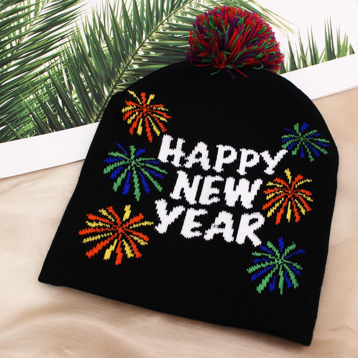 Enrwin Women and Men Autumn and Winter Happy New Year Knitted Hat Thick Soft Warm Chunky Beanie Crochet Beanie Soft Hat for Christmas (Style1-Black)