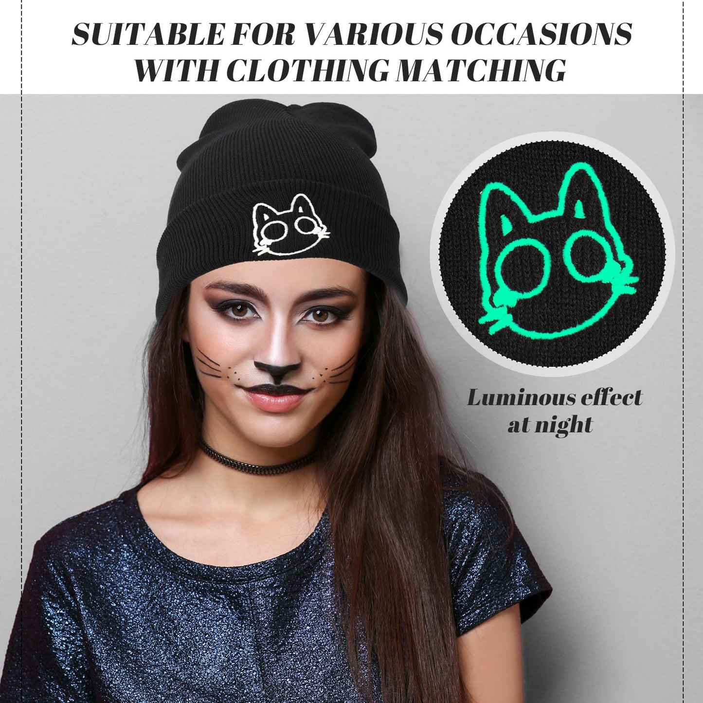 Chuarry 3 Pcs Cat Beanie Winter Hats Embroidered Knit Beanie Hat Winter Knit Crochet Ski Cap Cute Cat Ear Hat Cat Gifts for Halloween Cat Lovers Black