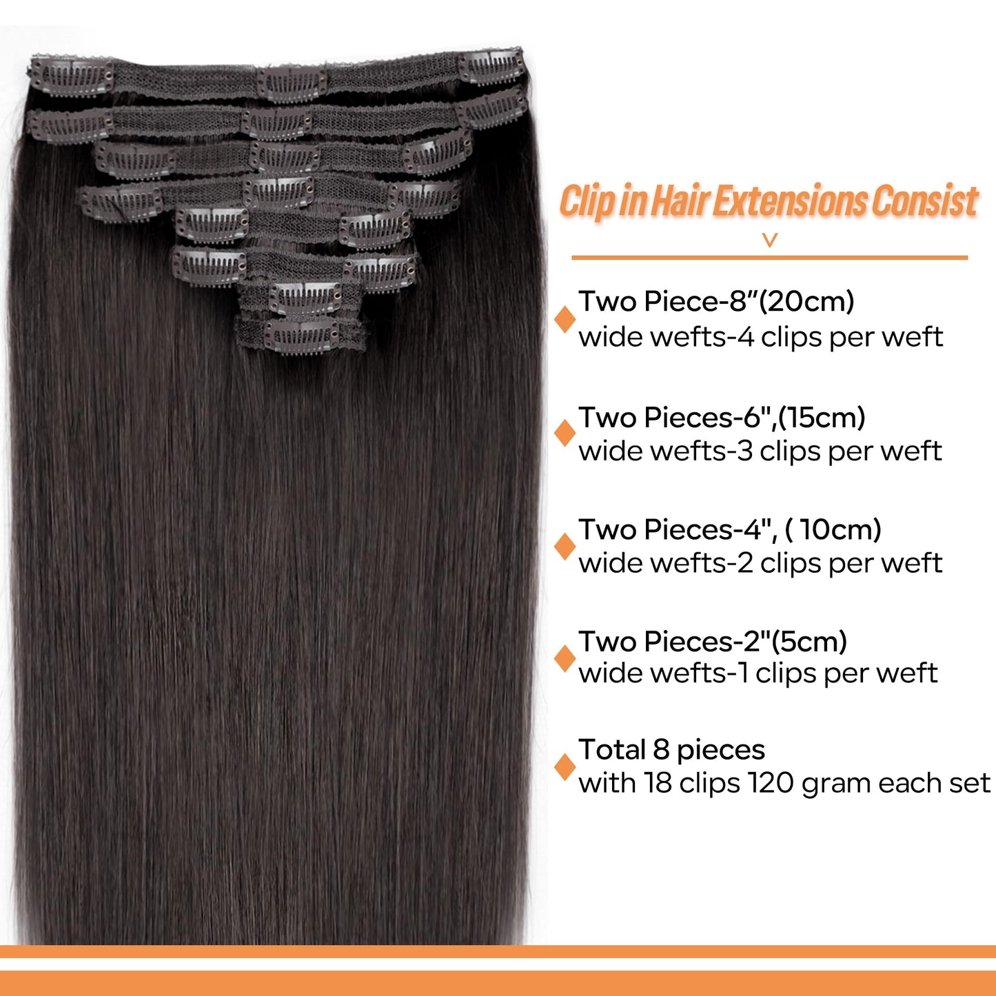 Pobokix Straight Clip In Hair Extensions Real Human Hair 8Pcs Clip In Dark Brown Human Hair Extensions with 18Clips Lace Weft 120g 14inch