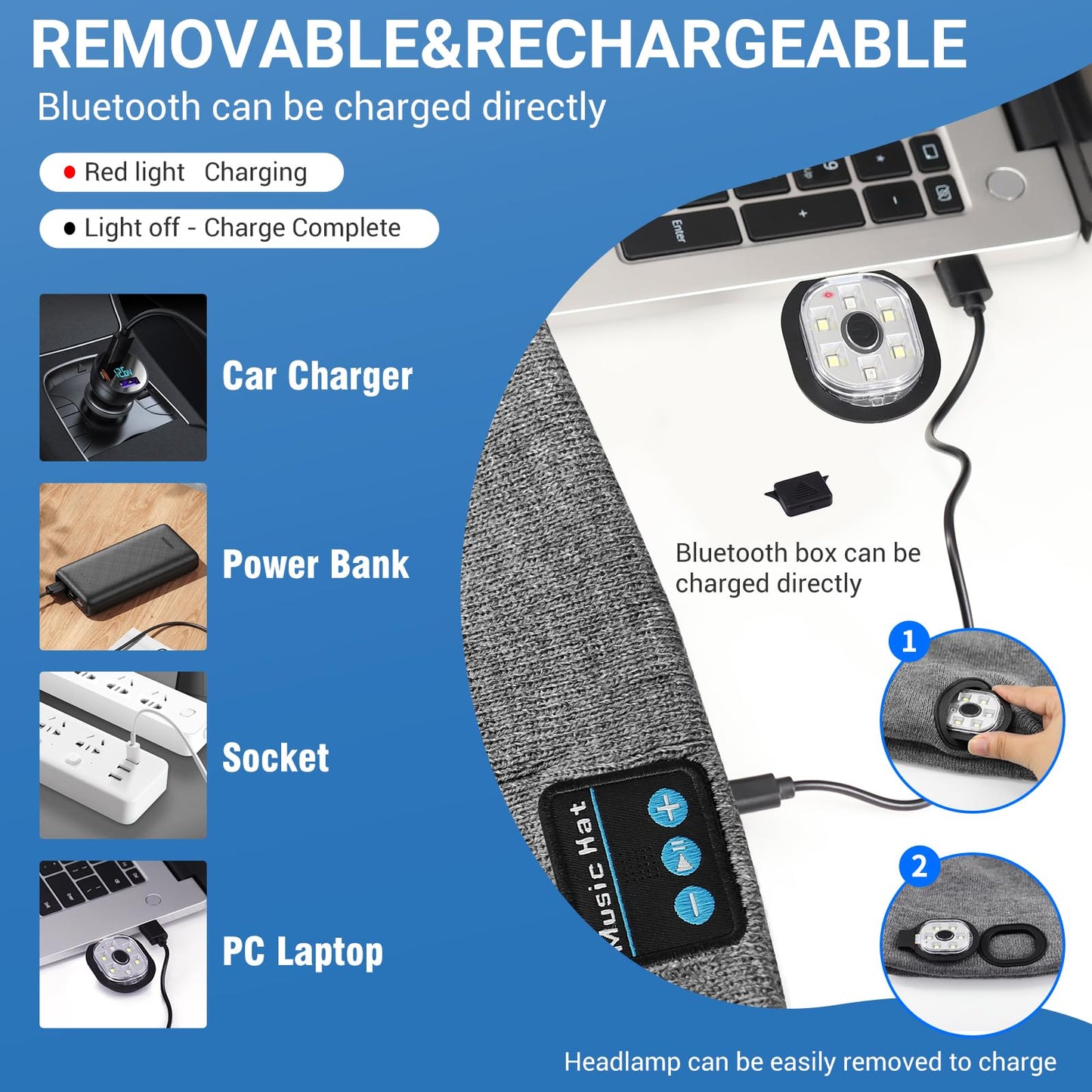 Rotibox Bluetooth Beanie with Light, Unisex USB Rechargeable 4 LED Headlamp Hat, Wireless Headphones Grey