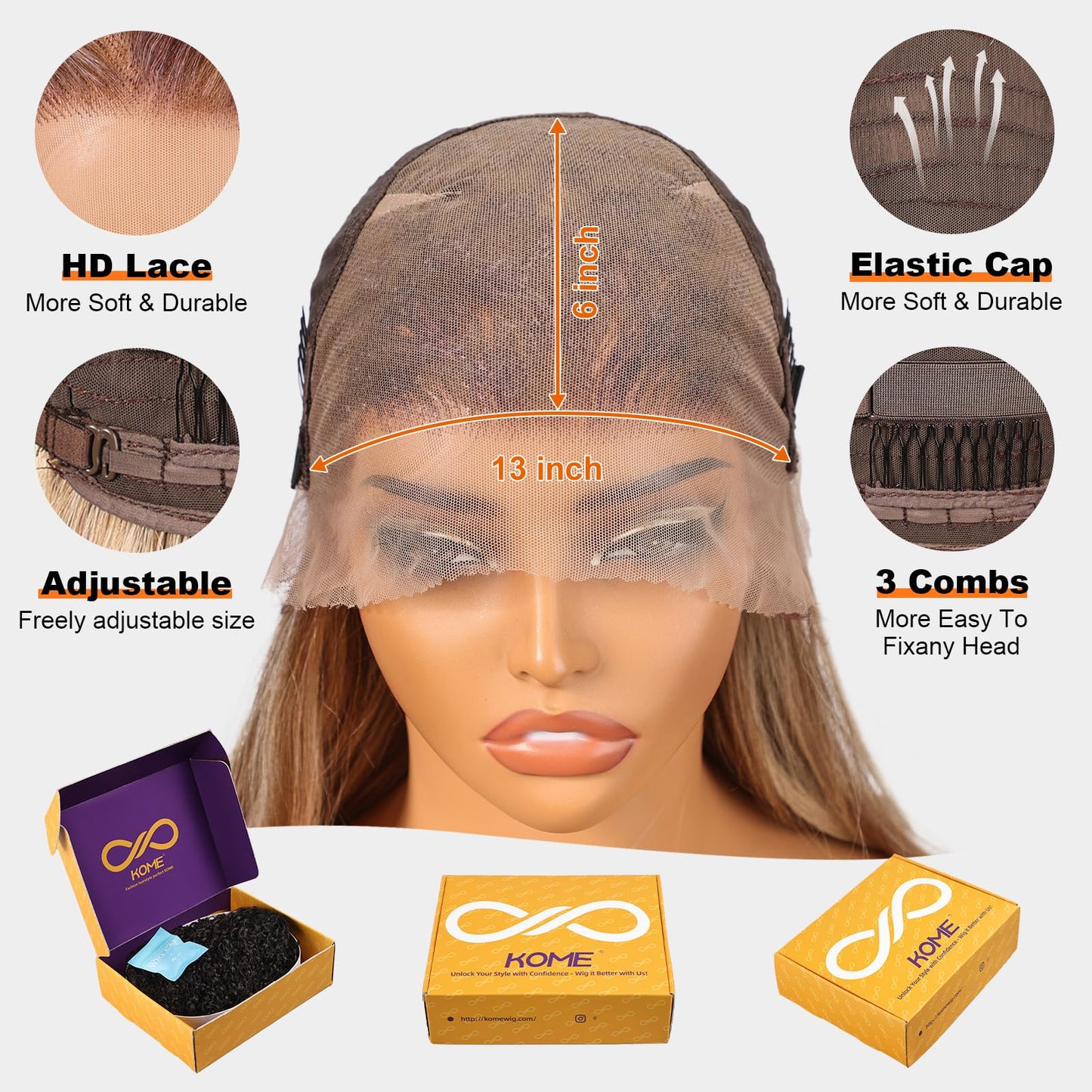 KOME Ash Blonde Synthetic Lace Front Wig,13×6 Blonde mix Brown HD Lace Glueless Wig for Women Daily Use 28IN(TT6/107)