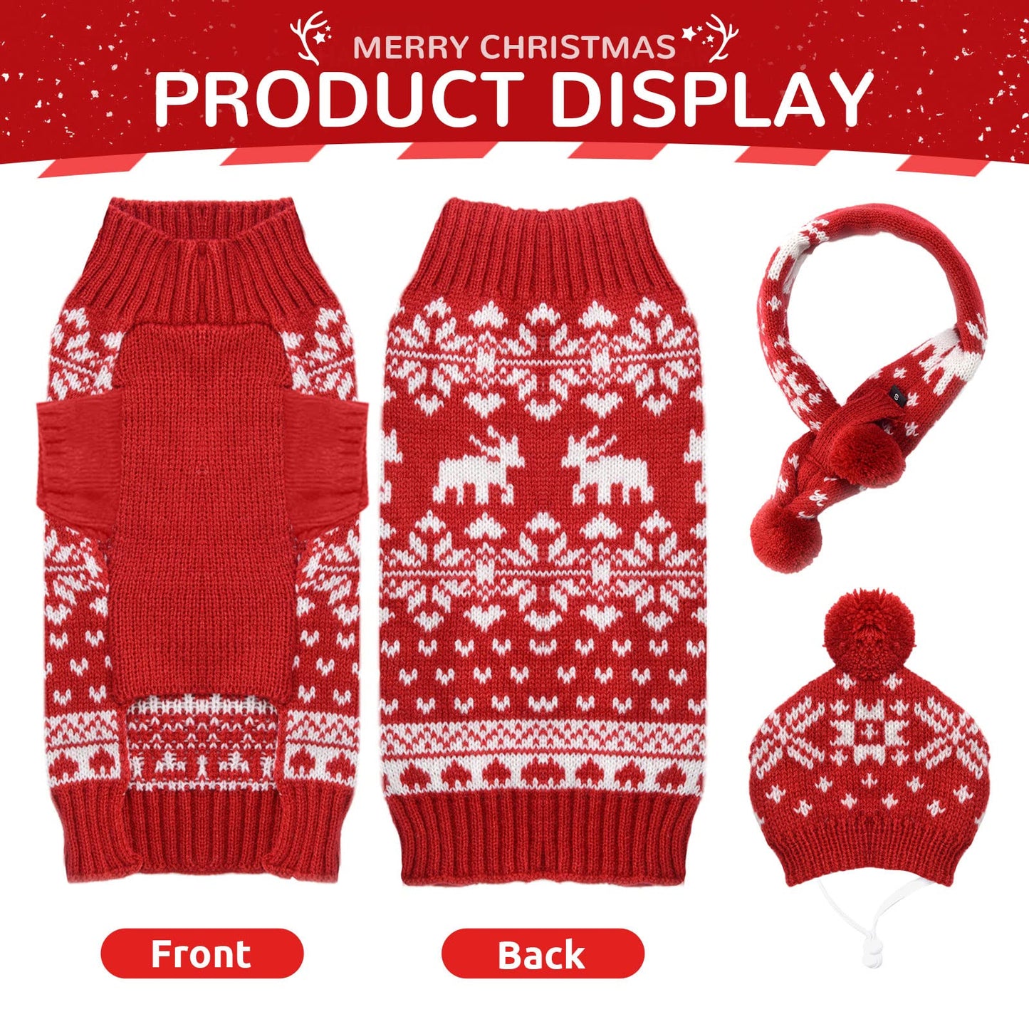 HRTTSY Dog Christmas Sweater Scarf and Hat Set for Small Dogs Cute Ugly Xmas Reindeer Snowflakes Puppy Cat Winter Clothes Soft Warm Fall Kitten Puppy Sweatshirt Pet Costume Chihuahua Outfits(Red,L)