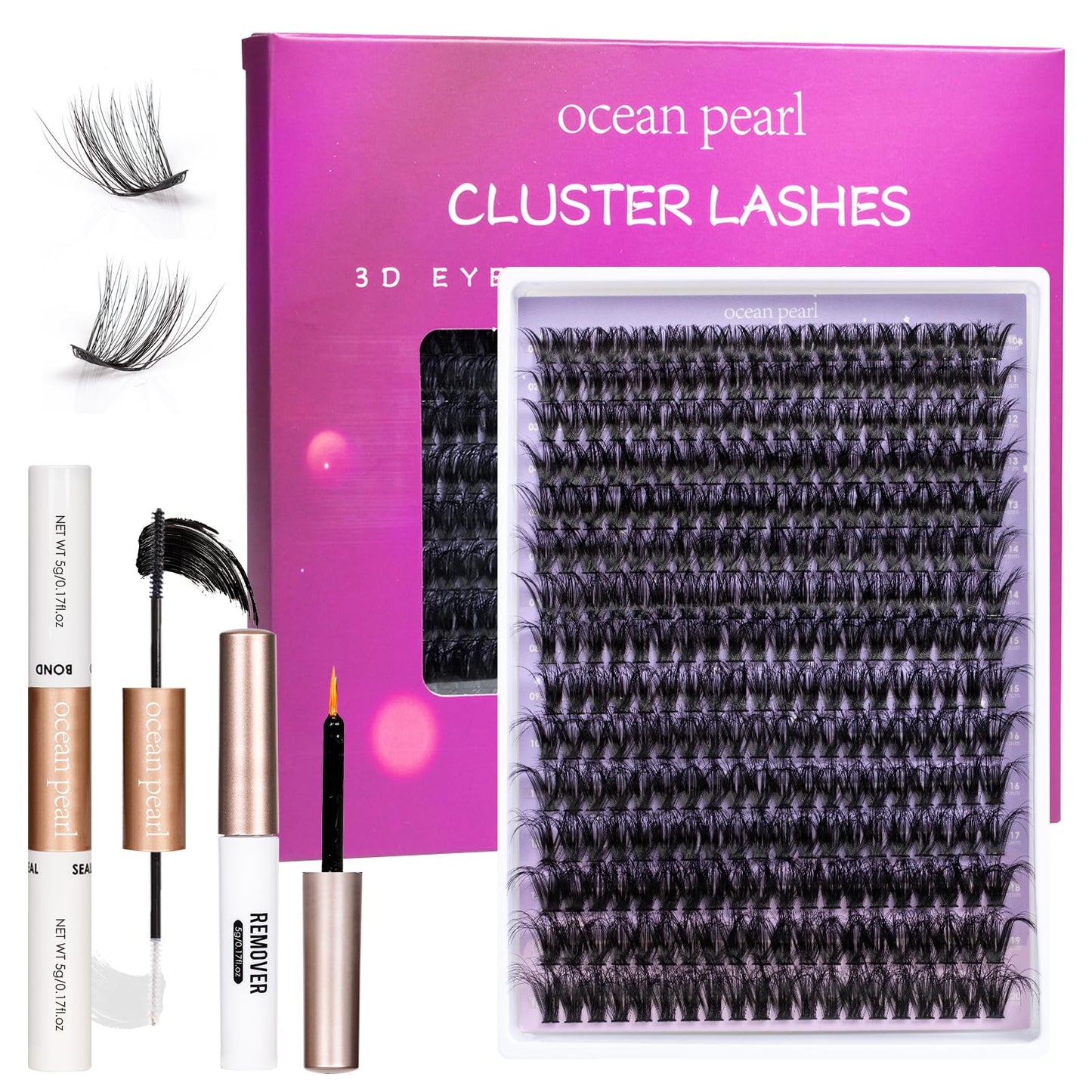 Ocean Pearl Lash Clusters 10-20mm 200D 300PCS Lashes DIY Lash Clusters Kit Individual Lashes Cluster Eyelash Extensions Fluffy Eyelashes Lash Extension Kit with Lash Bond+Seal+Remover+Tweezer-200D