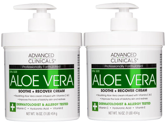 Advanced Clinicals Aloe Vera Lotion Sun Burn Recovery Cream | After Sun Body Lotion W/Vitamin C + Hyaluronic Acid | Sun Damaged Skin Repair Moisturizing Cream | Skin Care Products, Large 16 Oz, 2PC