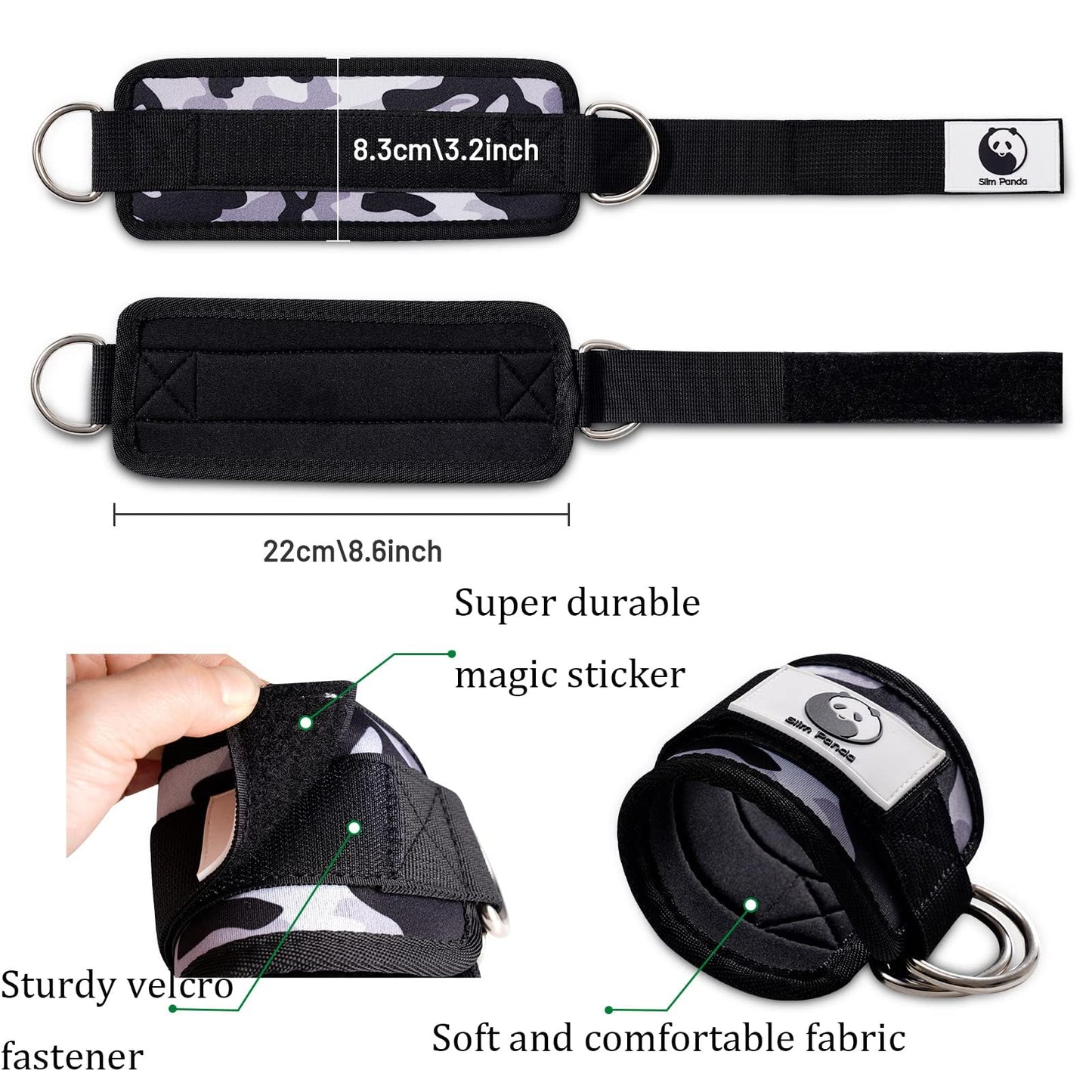 Slim Panda Ankle Strap for Cable Machine,Ankle Cuff for Kickbacks, Booty Hip Abductors,Glute Workouts, Leg Extensions, Curls for Men and Women, Adjustable with Double D-Rings (Gray camo)