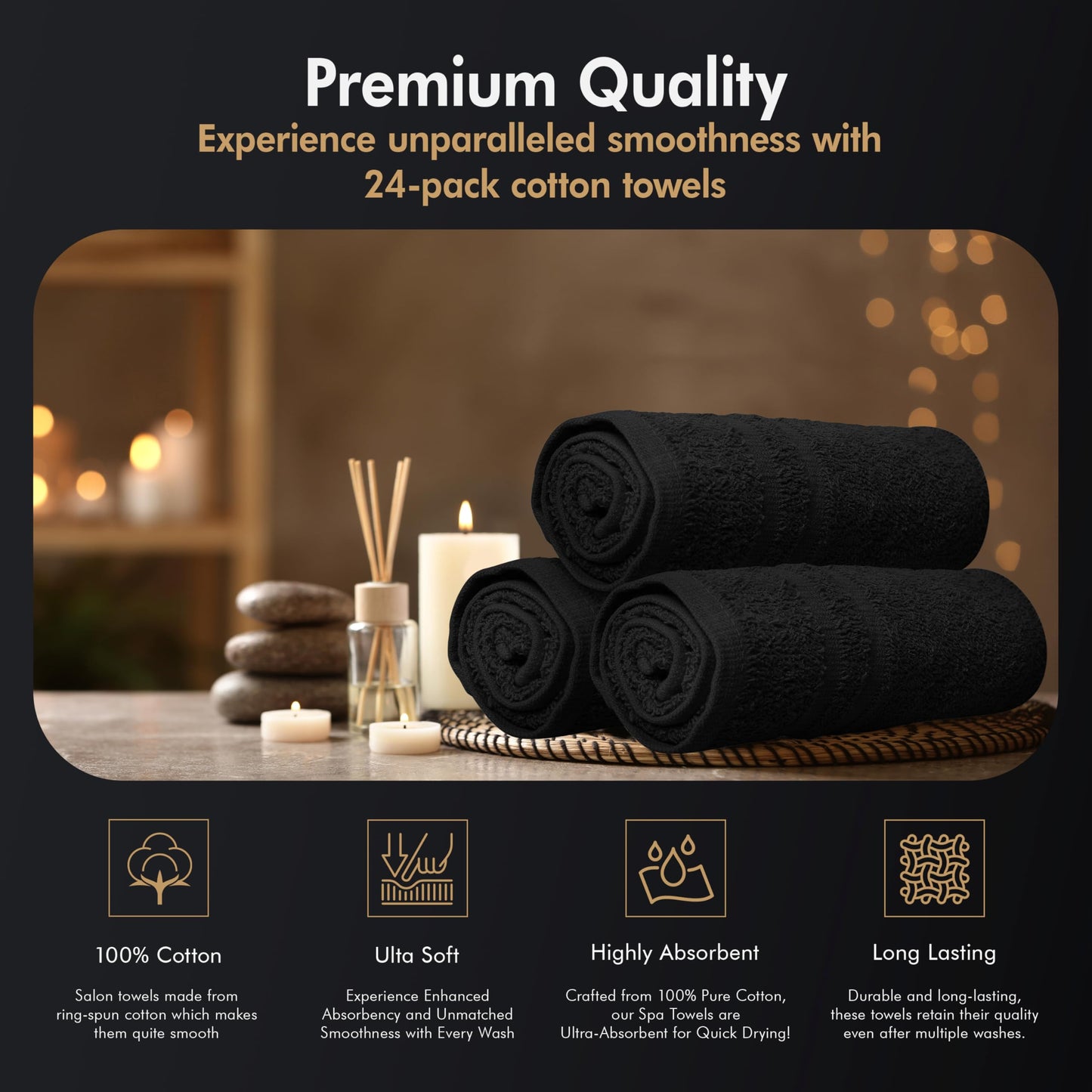 Oakias 100% Cotton Salon Towels 24 Pack Black - 16 x 27 Inches (Not Bleach Proof) Ring Spun Cotton Bulk Hand Towels - Highly Absorbent Quick Dry Facial, Hair, Spa, Gym Salon Towels
