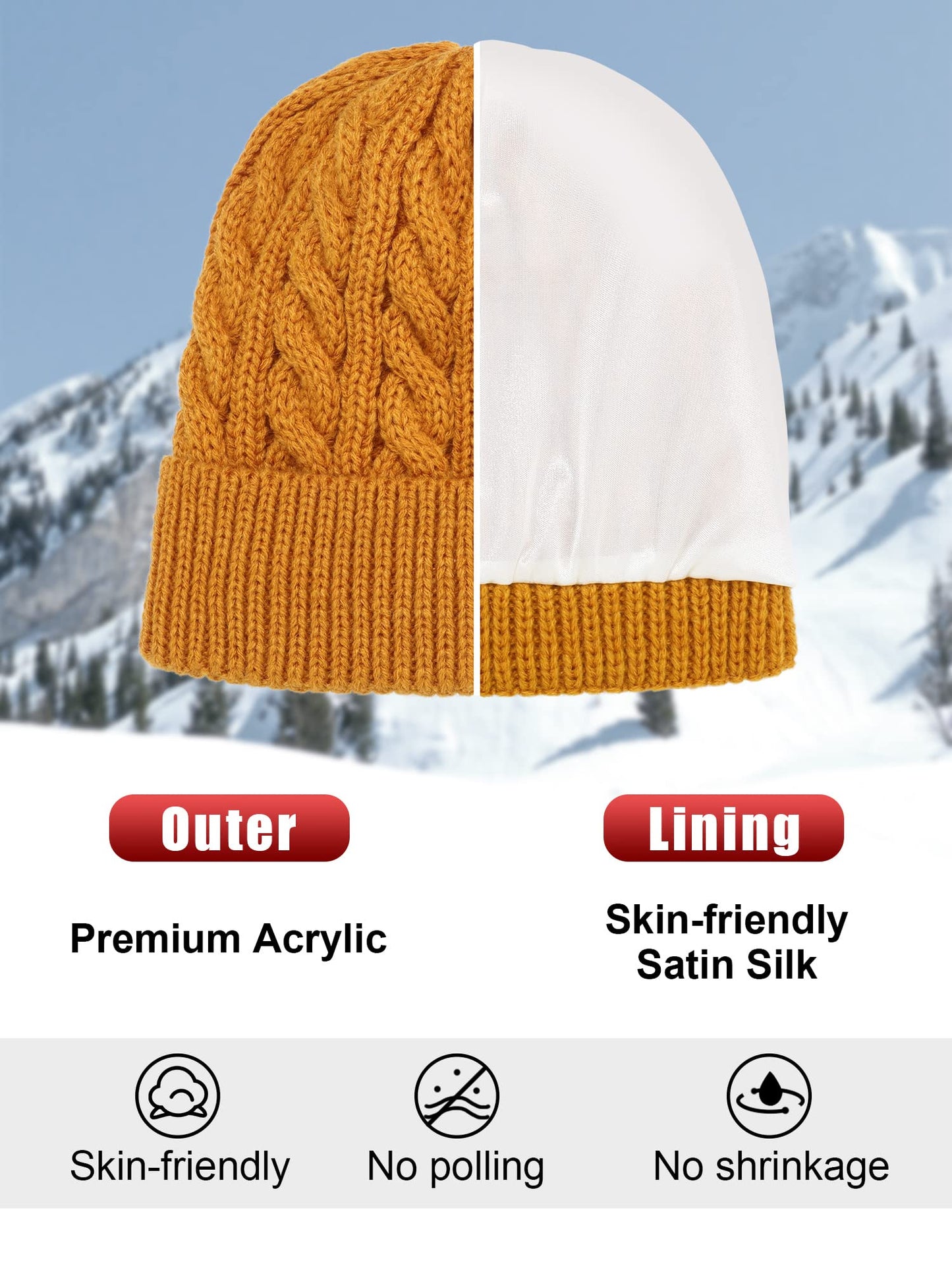 3 Pieces Kids Satin Lined Knit Beanies Winter Hat Child Warm Ski Skull Caps for Girls Boys Baby Toddlers 3-12 Years (Black, Beige, Ginger,Simple Style)