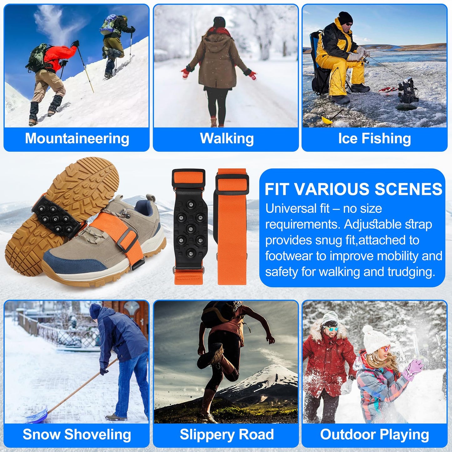 Ice Cleats Mid-Sole Snow Traction Cleats Crampons Anti Slip Snow Cleats for Shoes and Boots 7 Tungsten Studs Snow Grippers with Adjustable Straps Winter Walking on Snow and Ice(M- 2 Pairs)