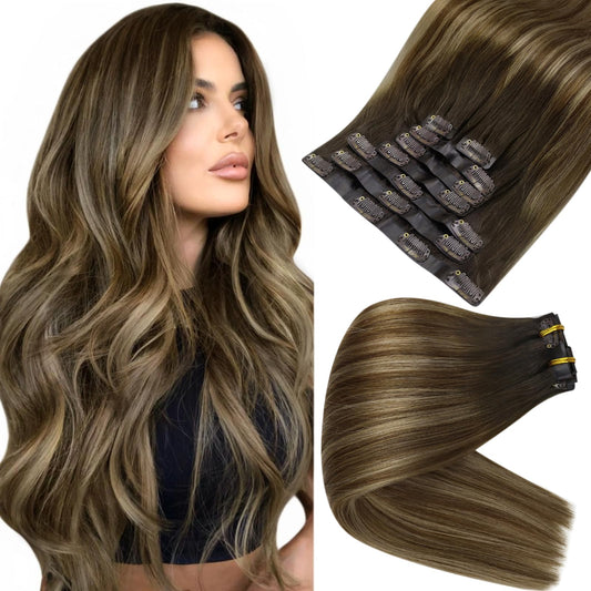 Full Shine Balayage Hair Extensions Real Human Hair Short Hair Extensions Clip ins Ombre Dark Brown to Medium Brown Mix Honey Blonde Hair Clip in Extensions for Women 12 Inch 8 Pcs 95 g
