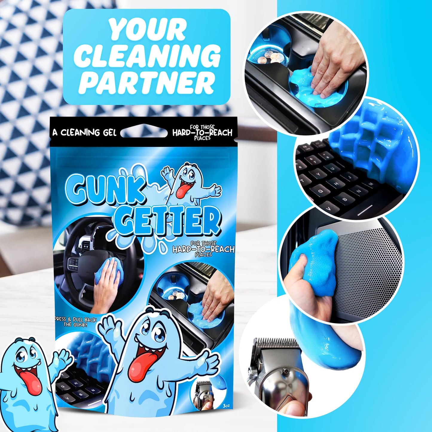 Gunk Getter PeerBasics, Cleaning Gel for Those Hard to Reach Places, Automotive Cup Holder Electronic Keyboard Office, Slime Gel Cleaner Dust Crumb Removal (Resealable Pouch, Blue, 3oz)