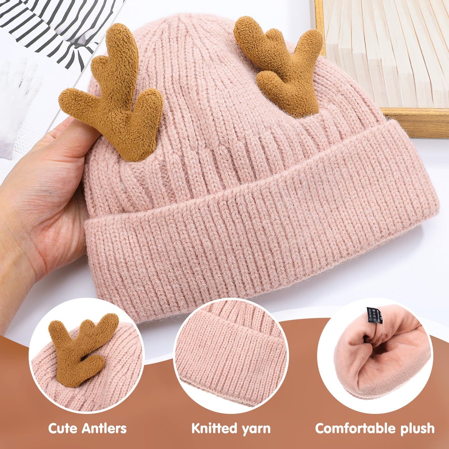 MAGICLULU Baby 1 Pack Reindeer Beanie Antler Warm Cap Christmas Knitted Beanie Hat for Adults Women Adults() Christmas Pink