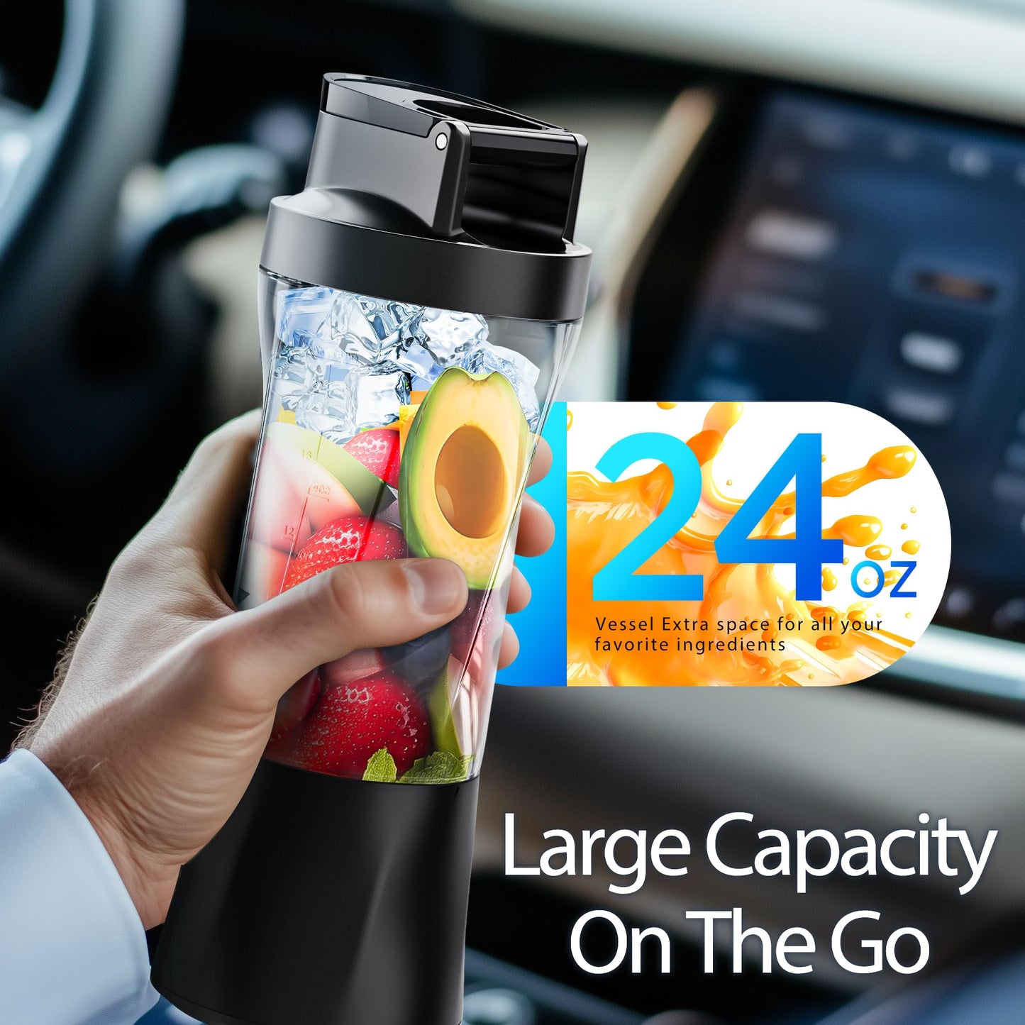 Portable Blender, Cordless, 24oz. Vessel, Personal Blender-for Shakes & Smoothies, BPA Free, Leakproof-Lid & Sip Spout, USB-C Rechargeable & Self Cleaning - Travel with 6 Sharp Blade, Black