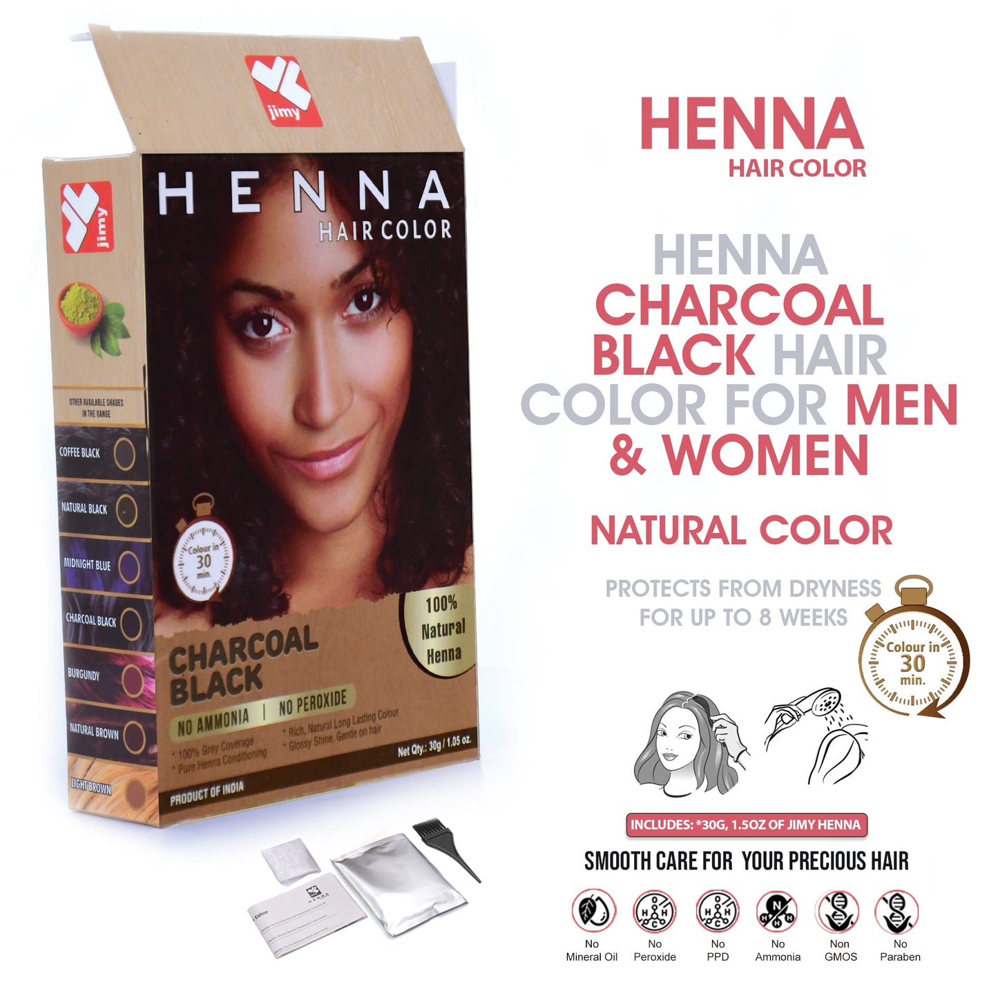 HENNA HAIR COLOR 30 Minute Black Henna Hair Dye: Enriched with Herbs, Harsh Chemical-Free Semi-Permanent Henna Hair Color for Men and Women (Charcoal Black)