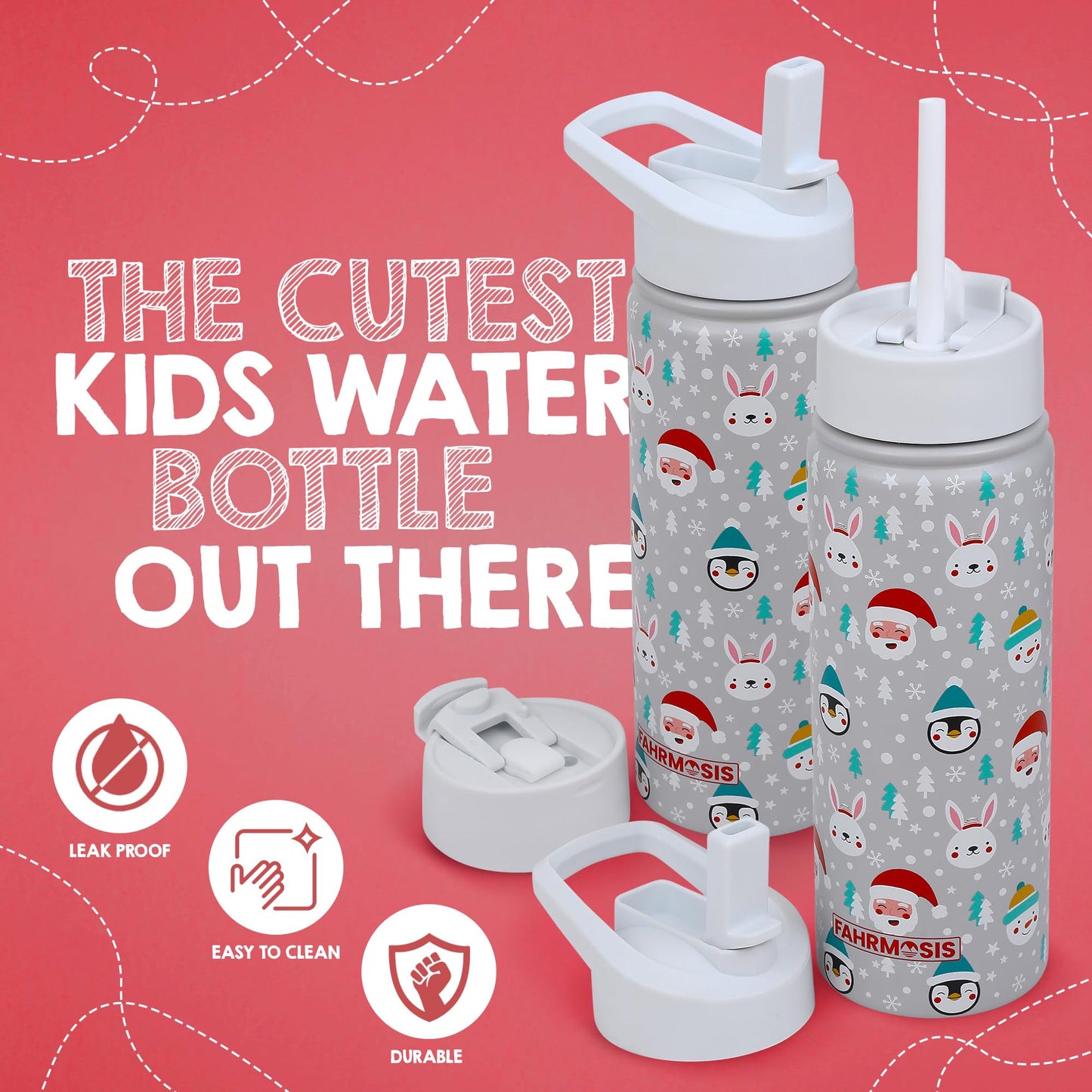 FAHRMOSIS 18 oz Kids Water Bottle | Insulated Water Bottle with Straw & 2 Lids | Reusable Double Insulated Water Bottle - Leakproof Kids Water Bottle for School & Outdoor Activities - White (Winter)