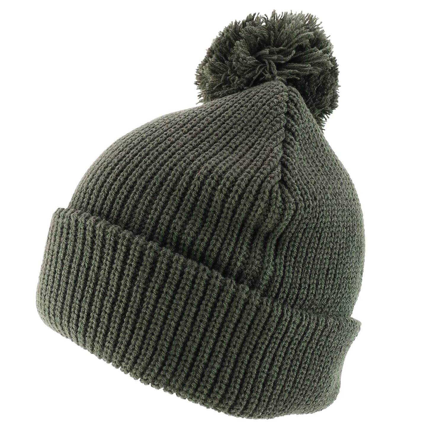 Trendy Apparel Shop XXL Oversized Solid Pom Pom Winter Ribbed Cuffed Beanie - Olive - 2XL
