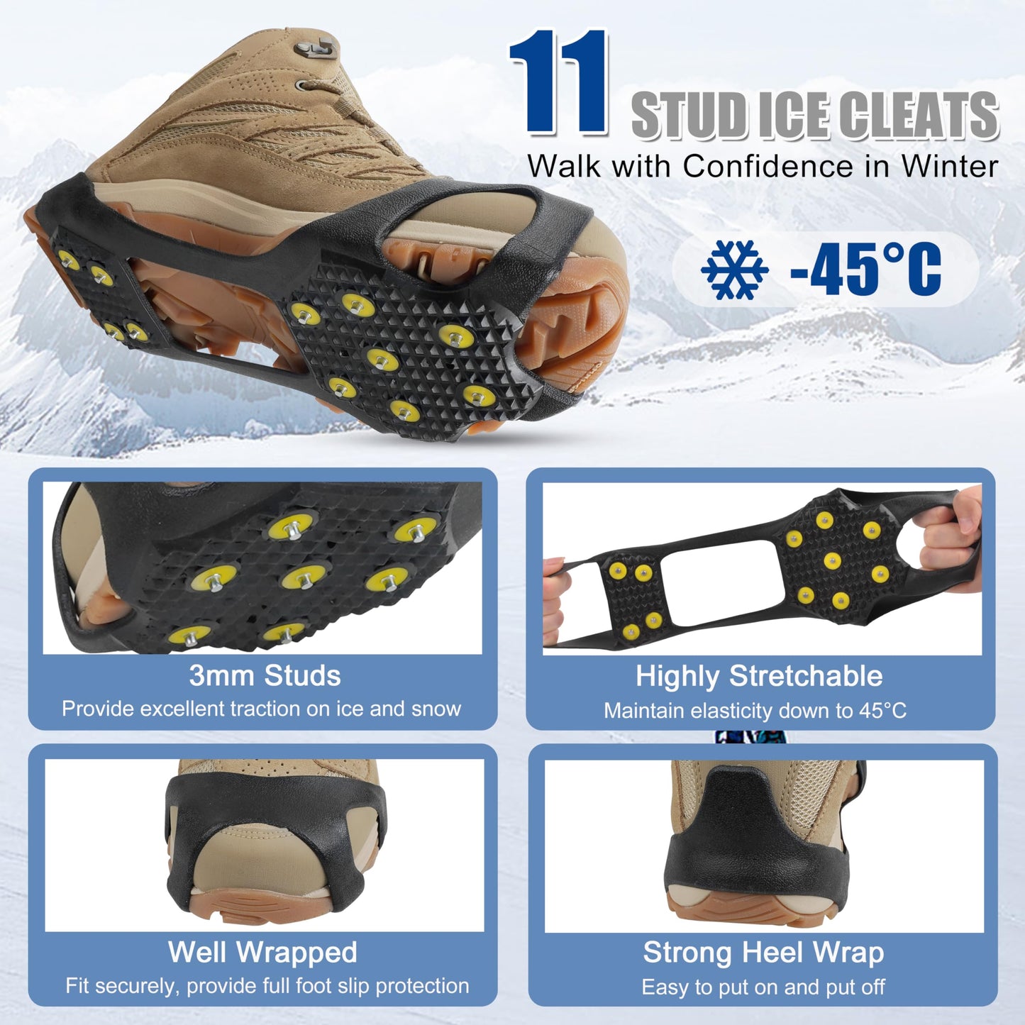 Ice Snow Cleats for Shoes and Boots Walk Traction Cleats Ice Crampon Non-Slip Overshoe for Men Women Winter Walking on Snow and Ice (11Studs, XL)
