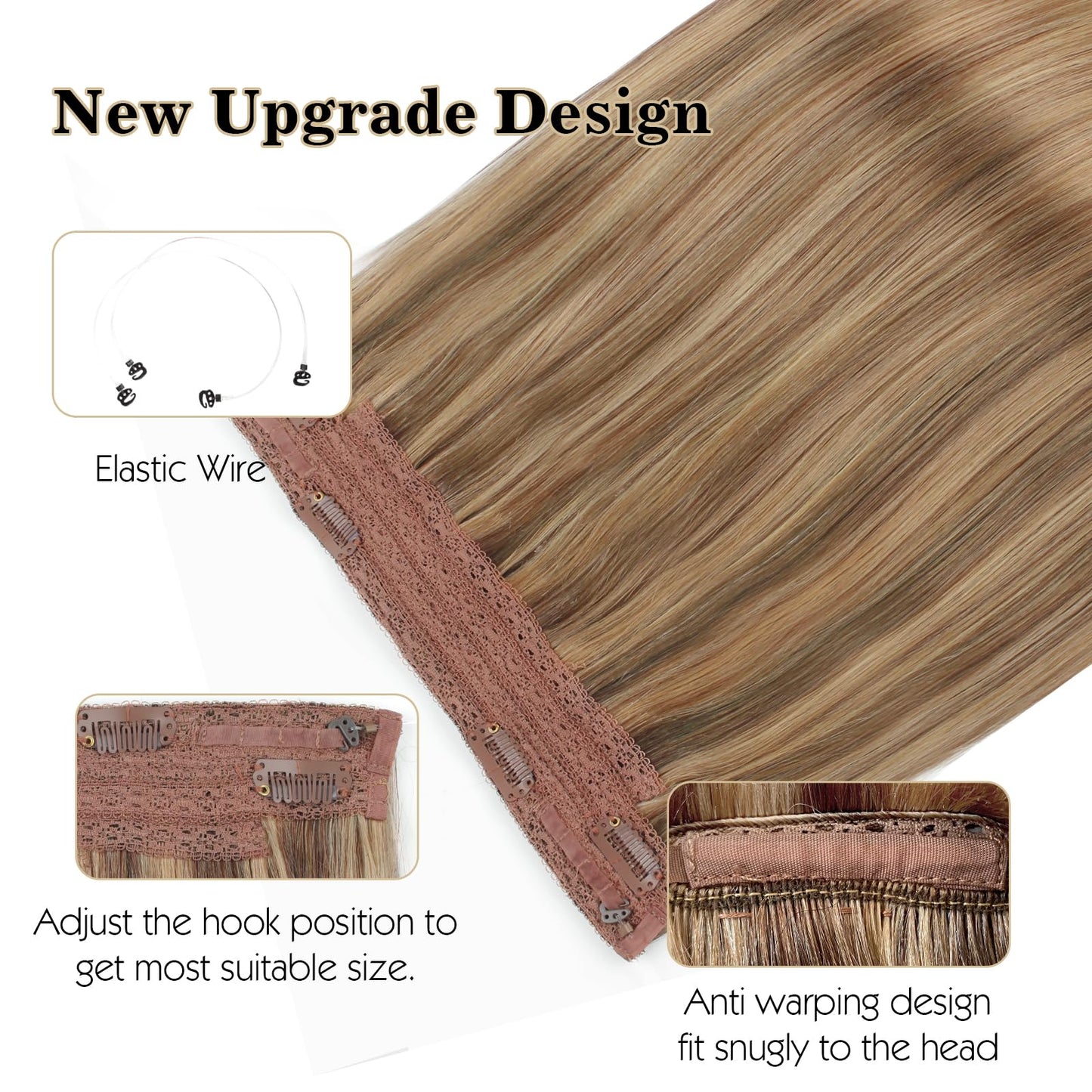 Sassina Invisible Wire Hair Extensions Real Human Hair with Transparent Wire Adjustable Size Secure Clips Natural Straight Secret Miracle Hairpiece, Highlight P6-12 12 Inch 70 Gram
