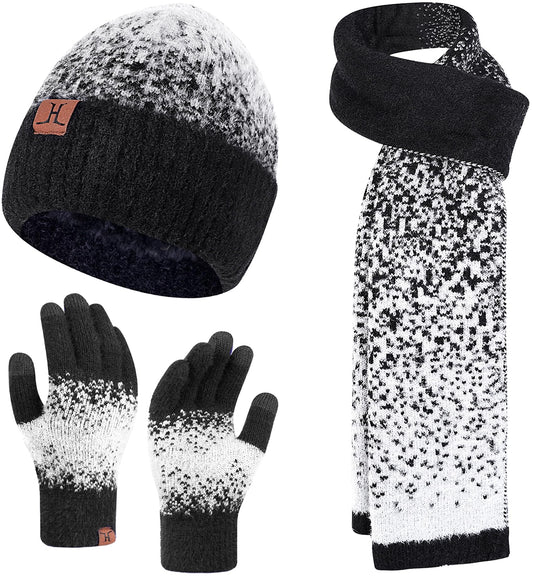 Winter Beanie Hat Scarf Gloves, Warm Fleece Lined Knit Beanie Hat Long Scarf & Touch Screen Gloves for Women Cold Weather Set