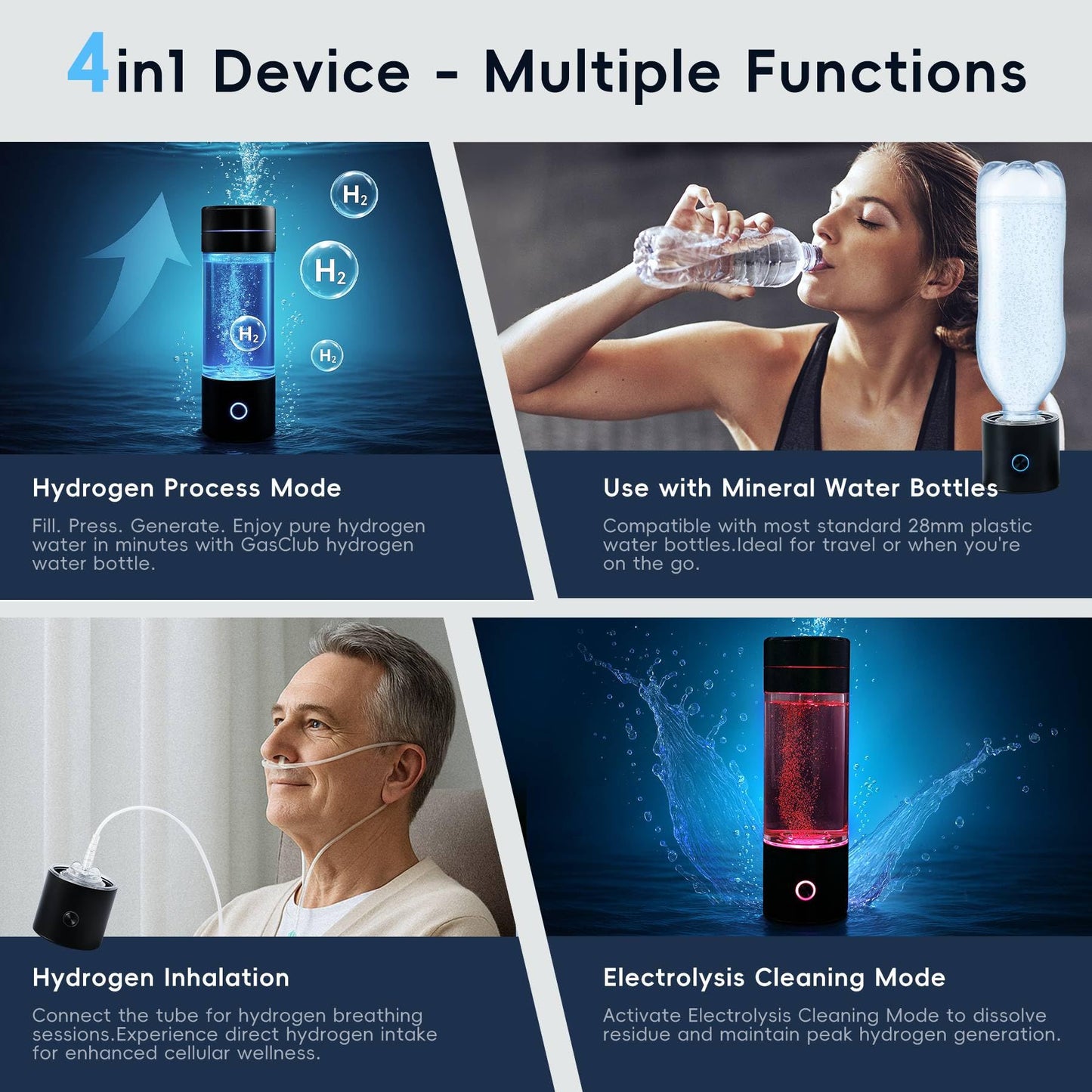 GasClub Hydrogen Water Bottle Generator, 4-in-1, 3000 PPB Portable Hydrogen Water Machine with SPE/PEM Technology, Rechargeable Hydrogen Water Ionizer Machine for Home, Office & Travel