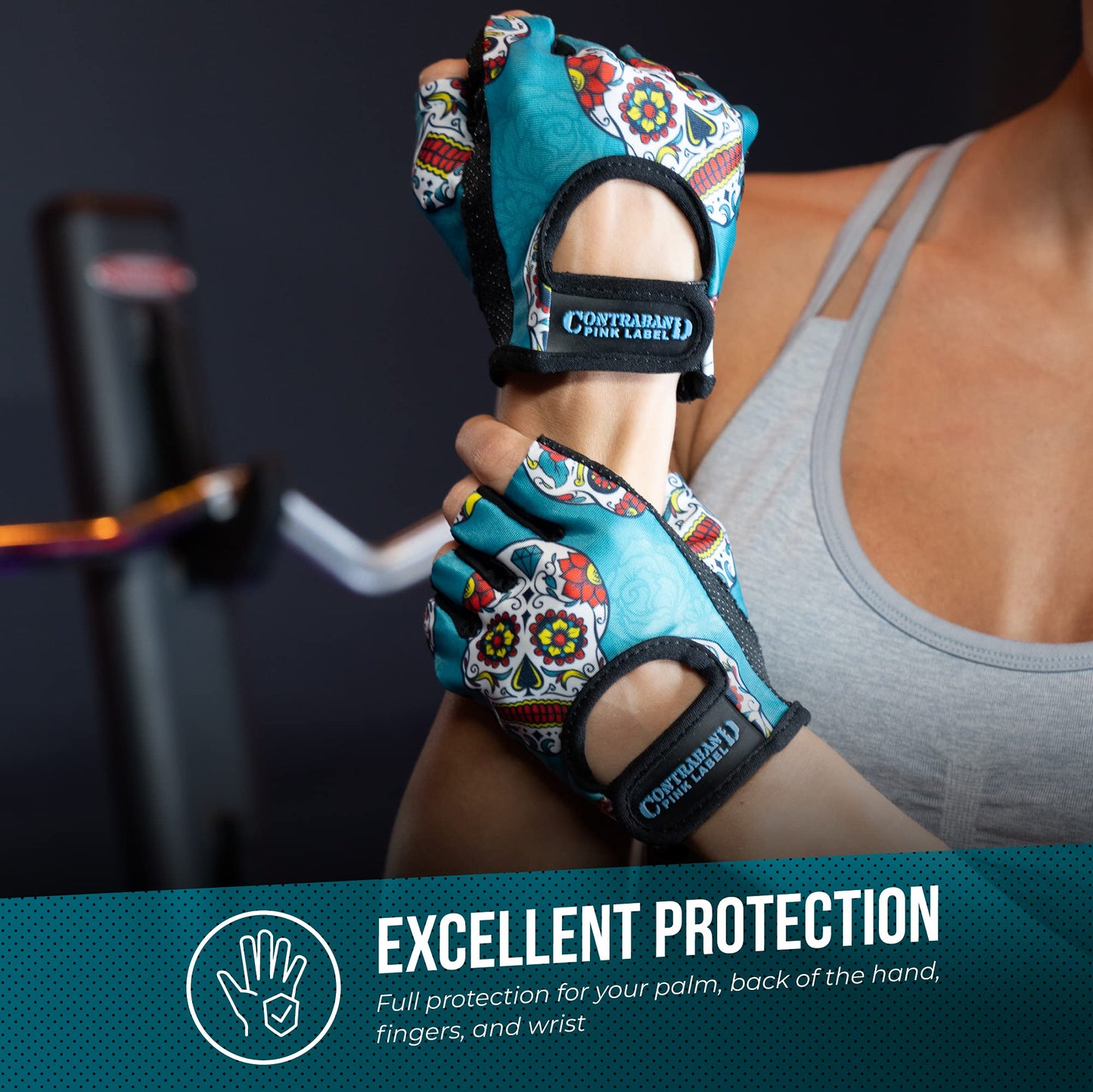 Contraband Pink Label 5237 Womens Designer Workout Gloves | Sugar Skull Print w/Grip-Lock™ Padding (Green, X-Small)