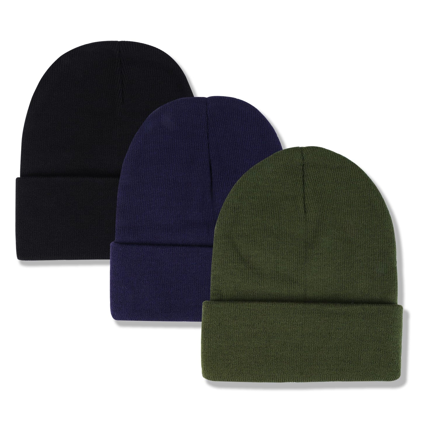 Voilipex 3 Pack Unisex Winter Warm Knit Beanie Hats Cuffed Ribbed Skull Caps for Women Men (Black, Dark Blue, Olive Green)