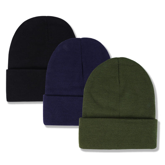 Voilipex 3 Pack Unisex Winter Warm Knit Beanie Hats Cuffed Ribbed Skull Caps for Women Men (Black, Dark Blue, Olive Green)