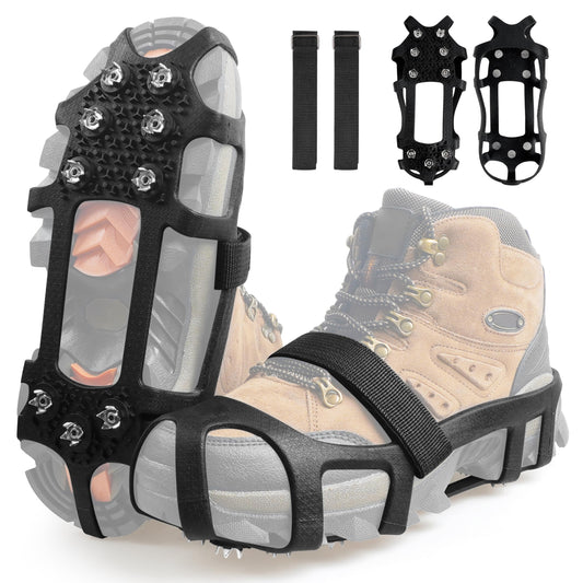 Ice Cleats for Shoes and Boots Snow Traction Cleats Crampons for Walking on Snow and Ice 9 Studs Non-Slip Overshoe Rubber Anti Slip Crampons Slip-on Stretch Footwear Winter Hiking Climbing Ice Fishing