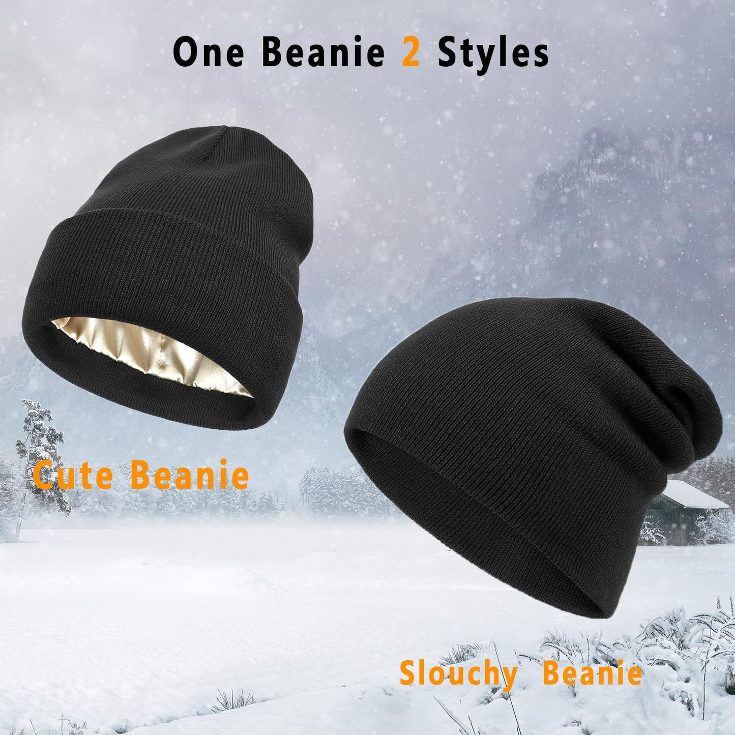 Facecozy 2 Pack Satin Lined Beanie Hats for Women Soft and Warm Winter Hats for Women Men Slouchy Beanie Hat(Black&Grey)