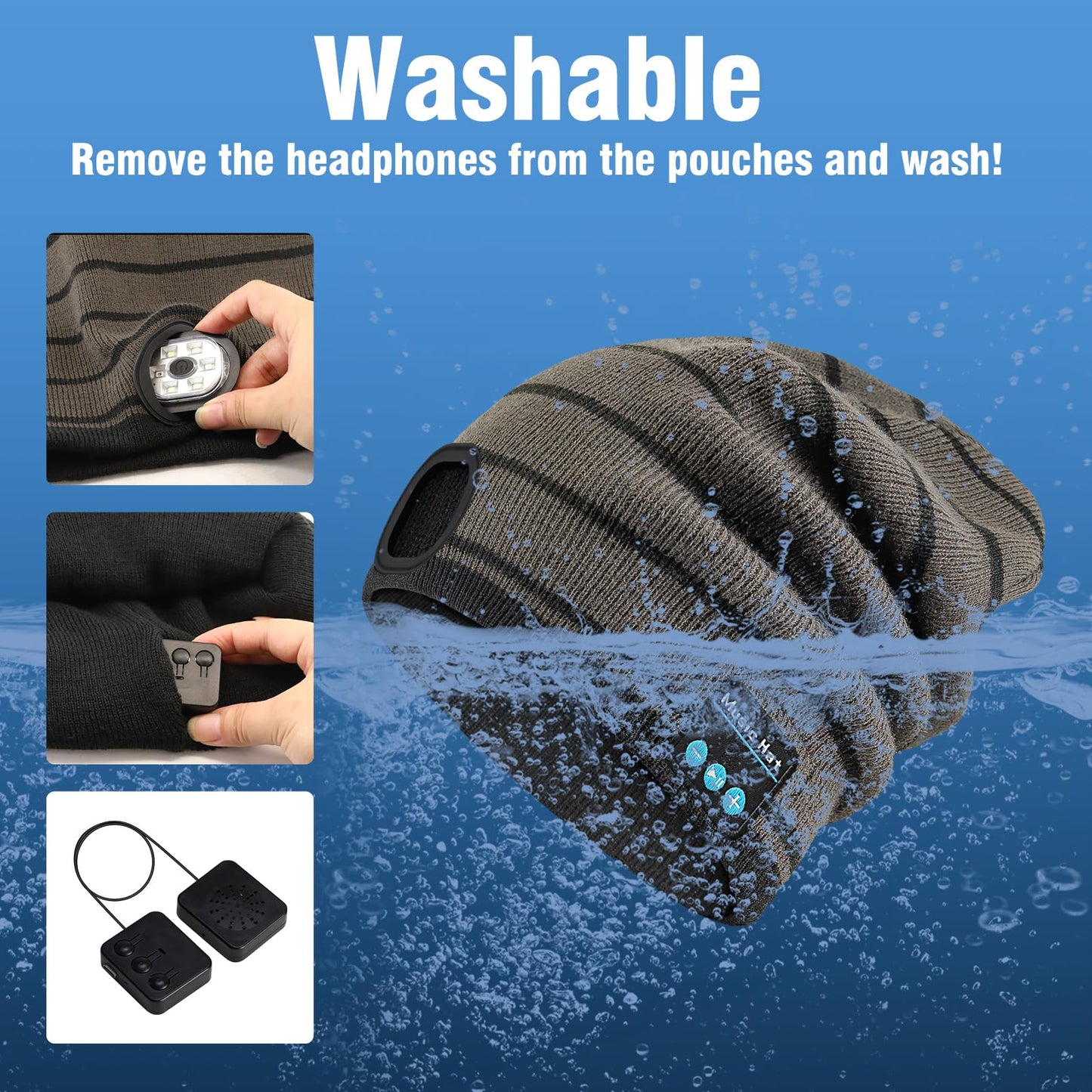 Rotibox Bluetooth Beanie with Light, Hat Wireless Headphone for Outdoor Sports Xmas Gifts Stocking Stuffers for Men, Women, Teens-Black/Gray