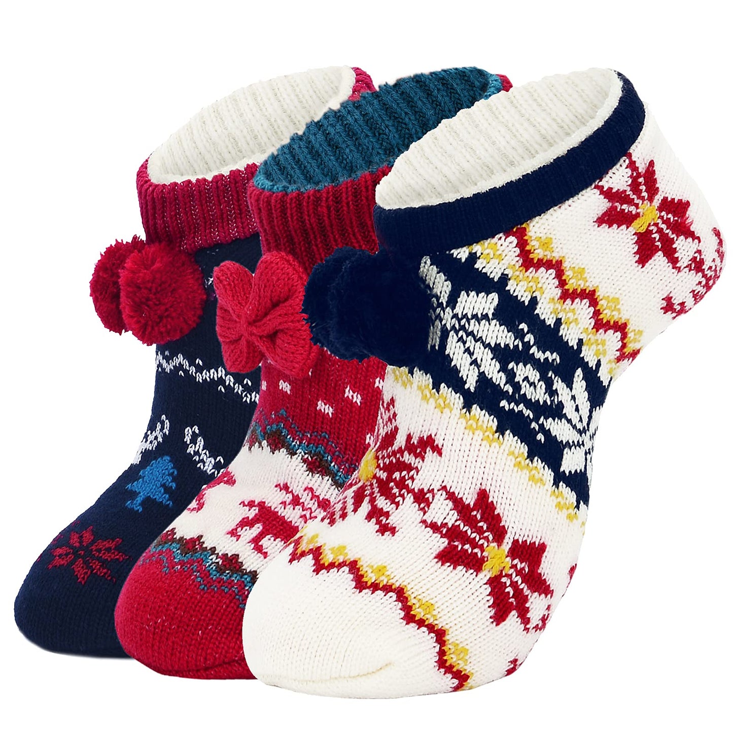 Slipper Socks for Women with Grippers Non Slip Christmas Socks Fuzzy Socks Comfy Winter Hospital Socks Warm Deer&Snow 3 Pack