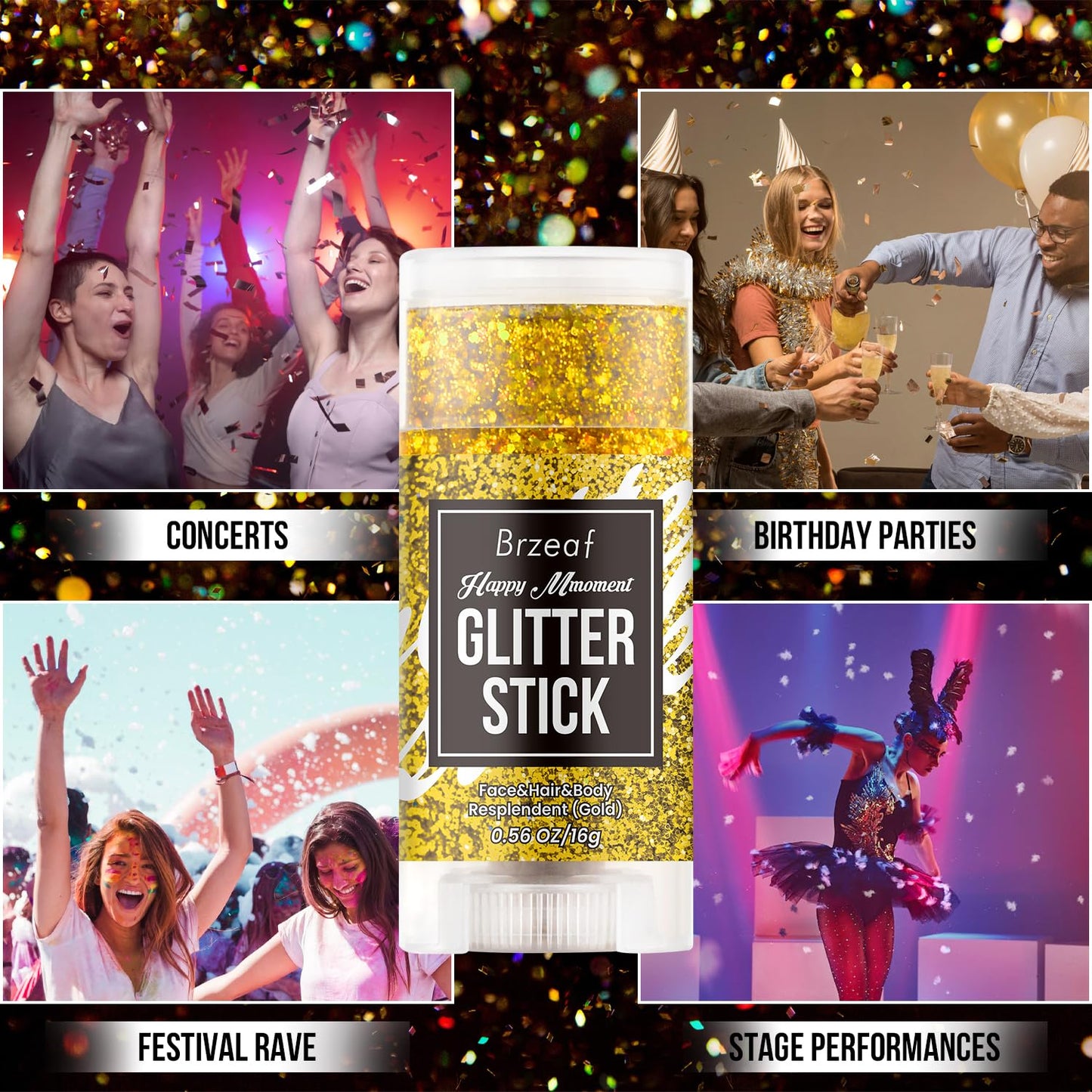 Brzeaf Waterproof Gold Glitter Stick, Face Glitter Makeup, Shimmery & Long Lasting, Chunky Glitter for Face/Body/Hair/Eyes/Lip, Singer Concert Music Christmas Rave Festival
