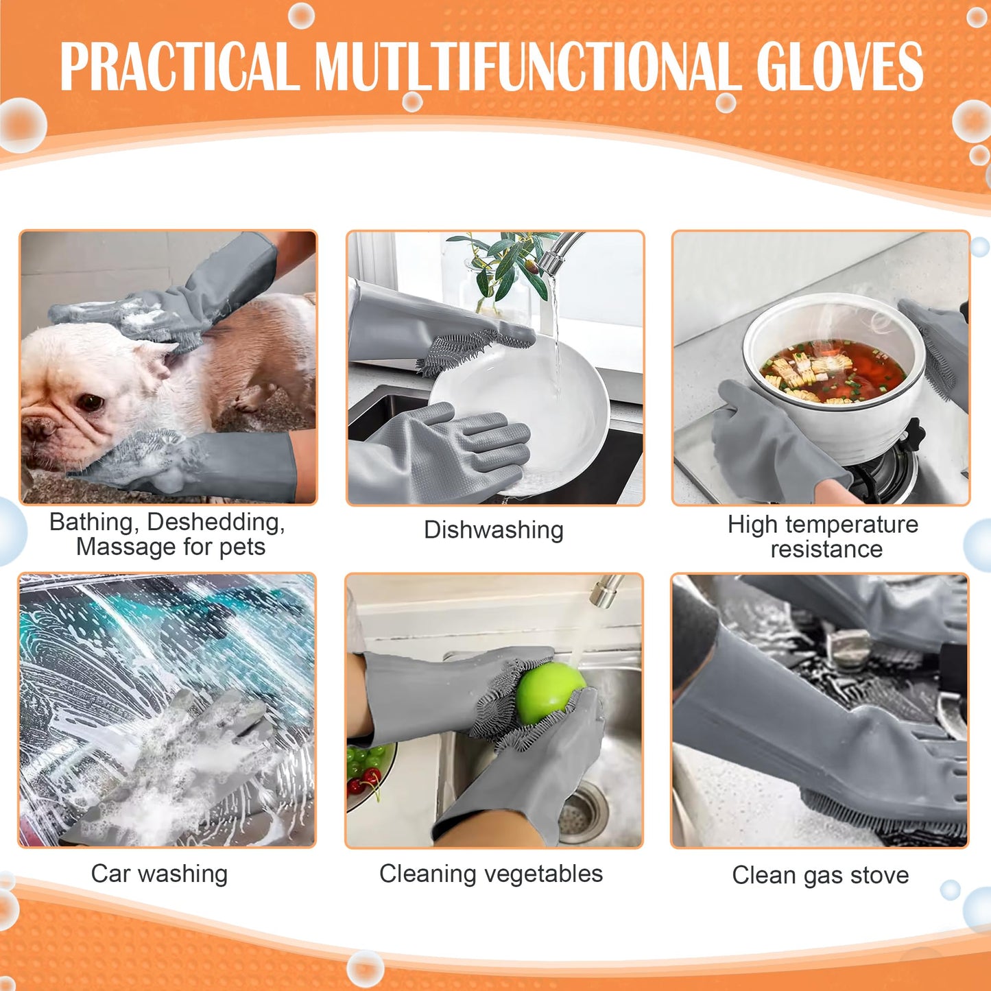 SUKETIL Pet grooming gloves,Dog washing gloves with High-Density Teeth with Five Finger Design to bathing and Massage for Dogs,Cats (Gray)