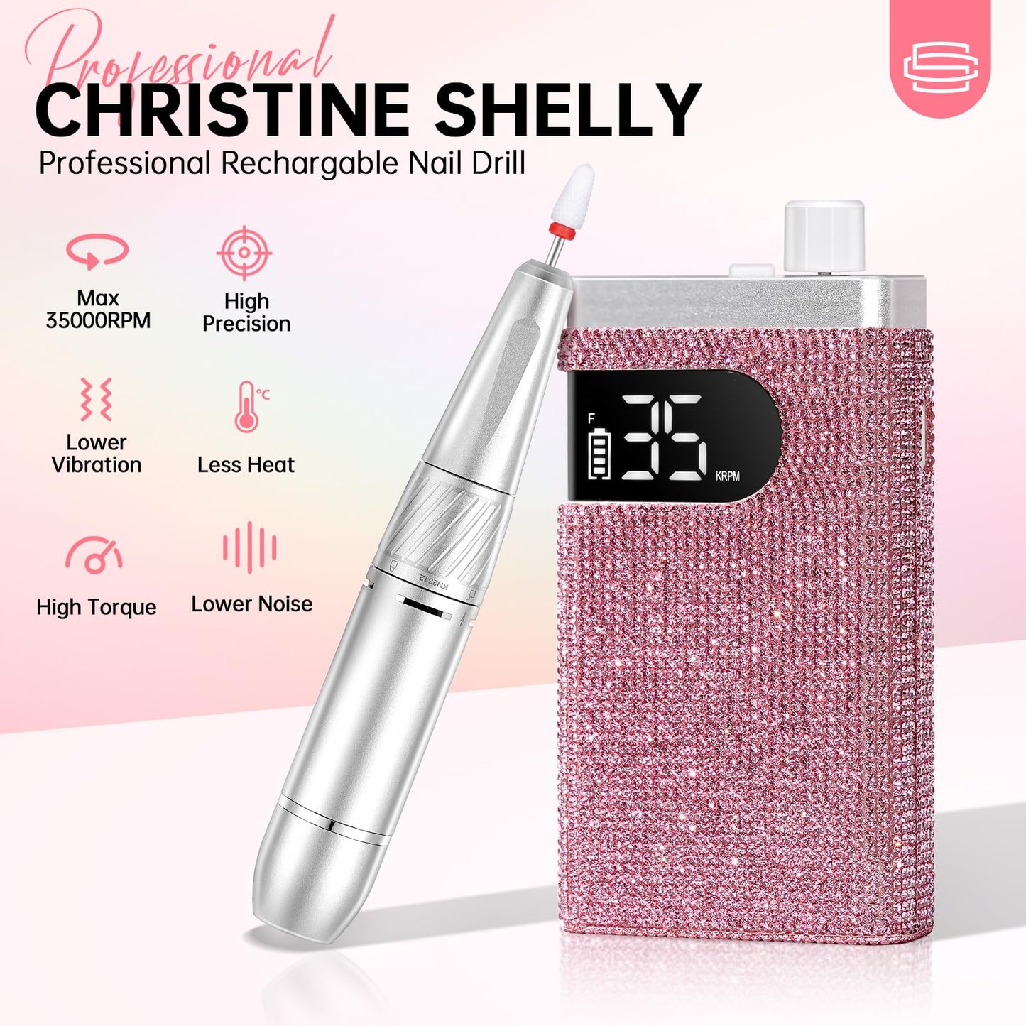 CHRISTINE SHELLY Rechargeable 35000RPM Nail Drill Sparkling Portable Professional Electric Nail File for Acrylic/Gel Nails Professional Nail Tools for Manicure Pedicure, Pink